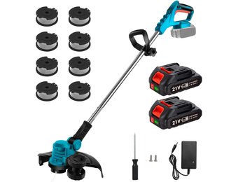 Elektrische Grastrimmer Blauw - 300mm, 2 Accu's, 8 Opzetstukken - 29% Korting