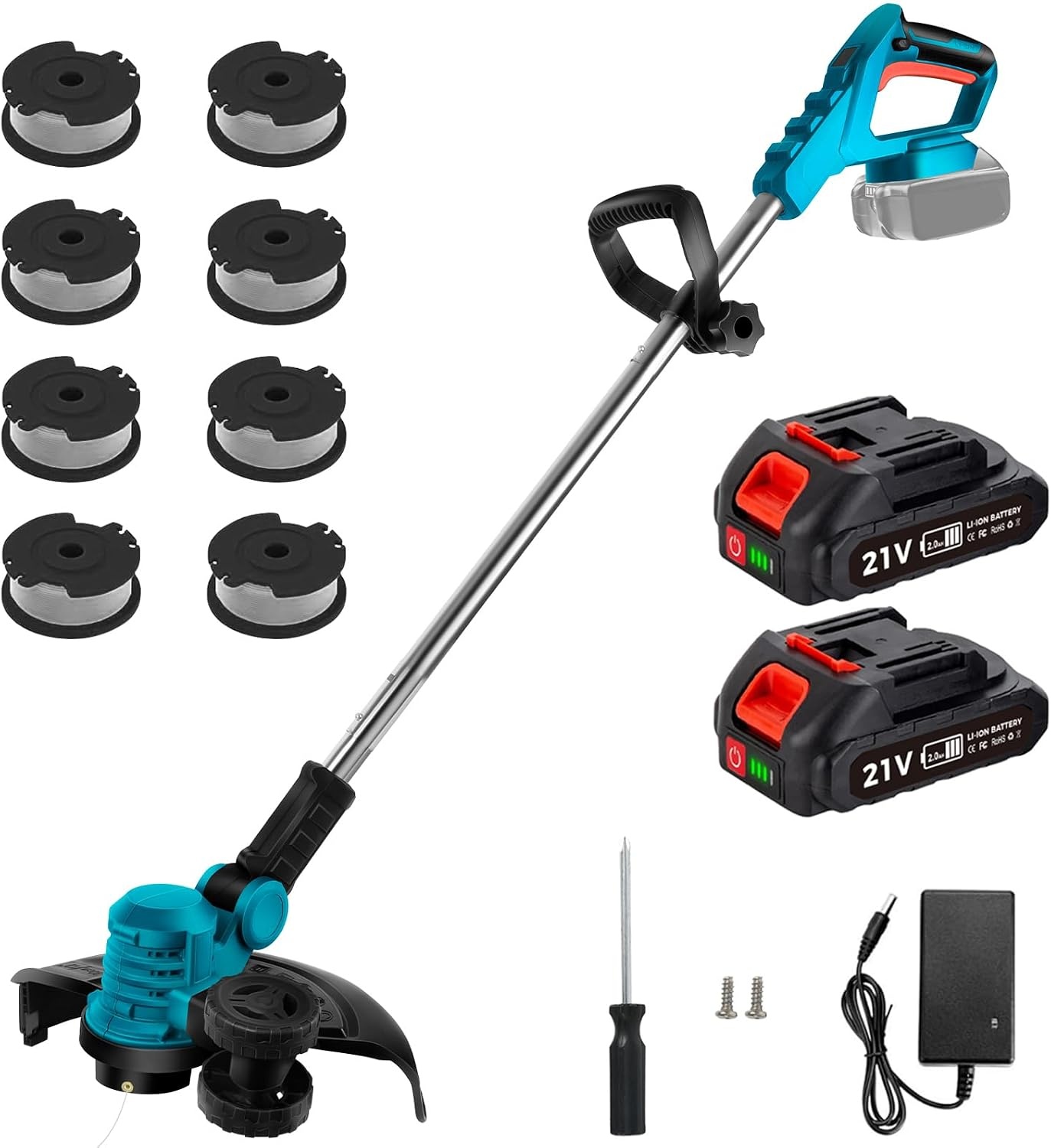 Elektrische Grastrimmer Blauw - 300mm, 2 Accu's, 8 Opzetstukken - 29% Korting