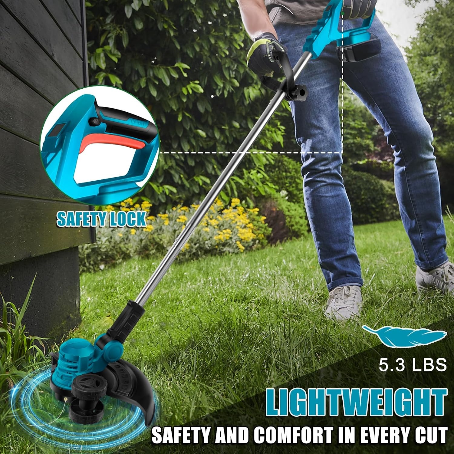 Elektrische Grastrimmer Blauw - 300mm, 2 Accu's, 8 Opzetstukken - 29% Korting