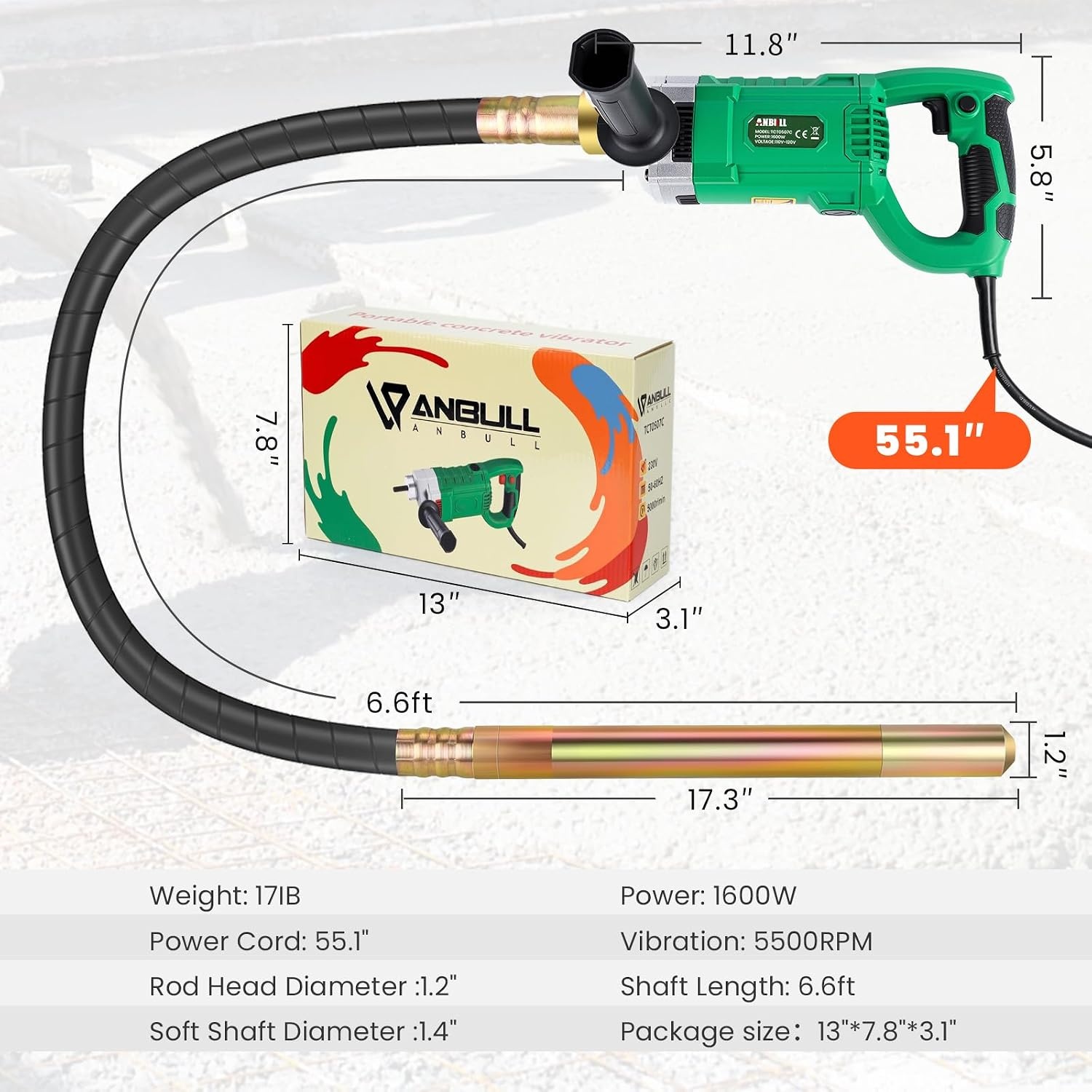 Betonvibrator 1600W Groen met 2m Slang - 29% Korting