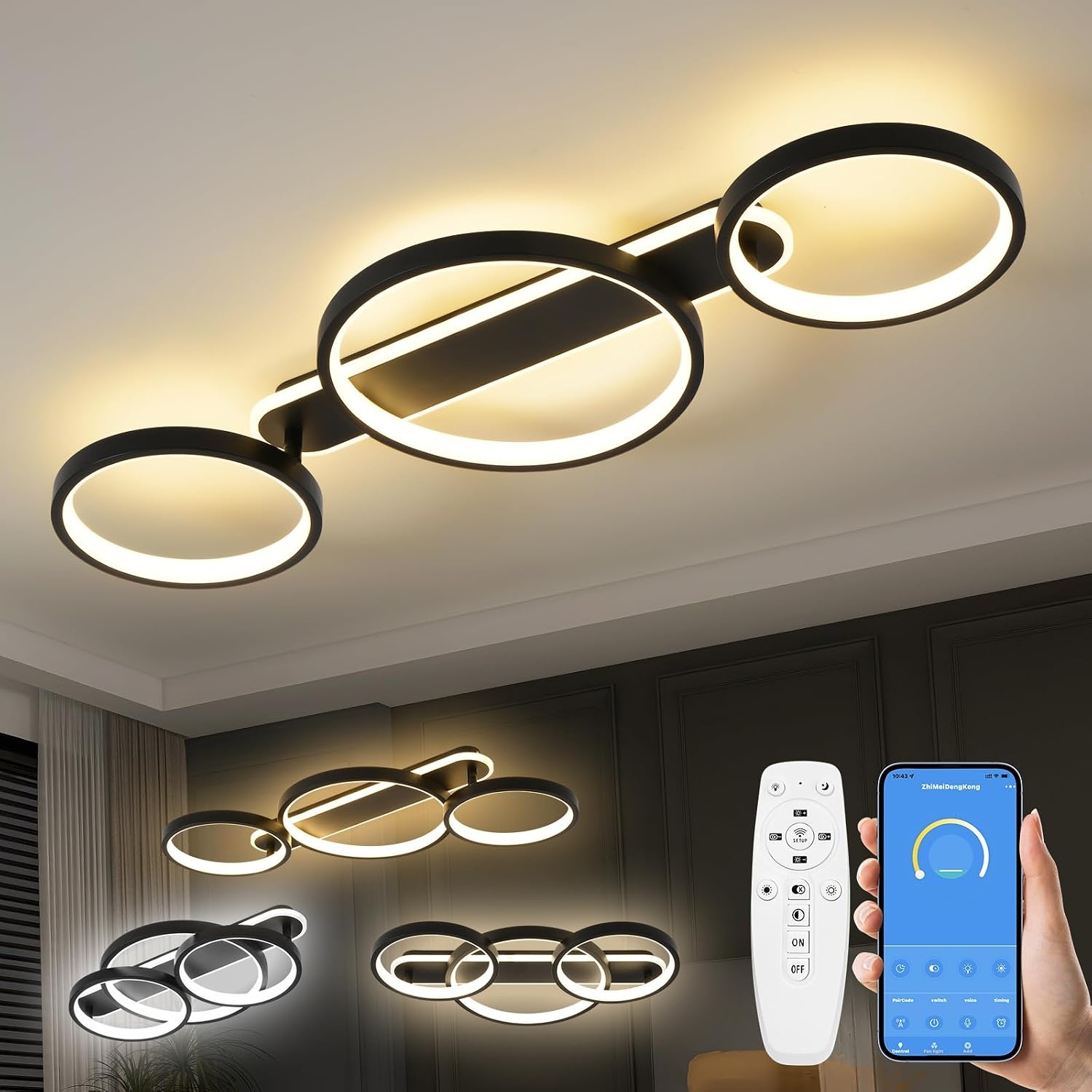 Dimbare Zwarte Plafondlamp LED 36W - 3 Vlammen met Afstandsbediening & App (34% Korting)