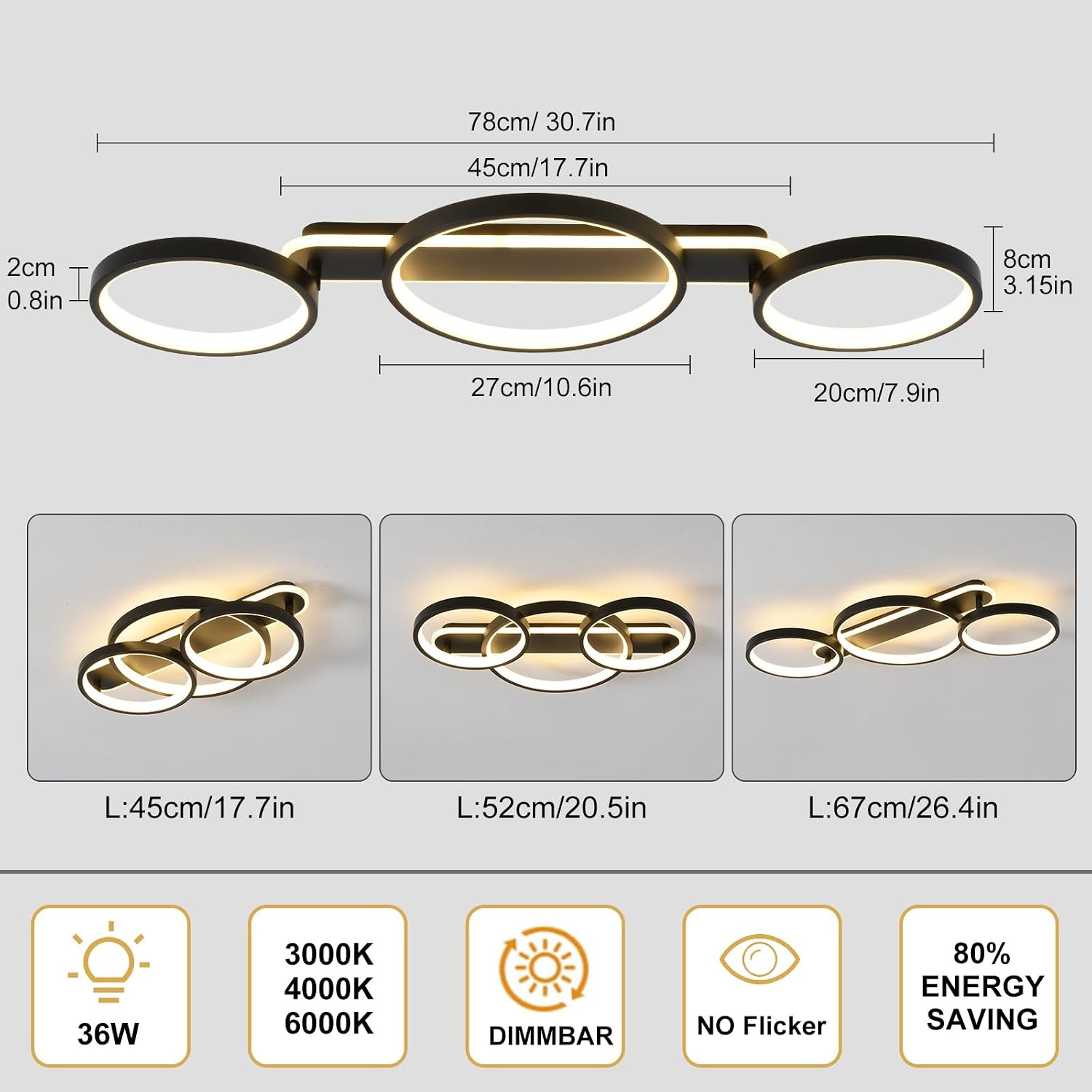 Dimbare Zwarte Plafondlamp LED 36W - 3 Vlammen met Afstandsbediening & App (34% Korting)