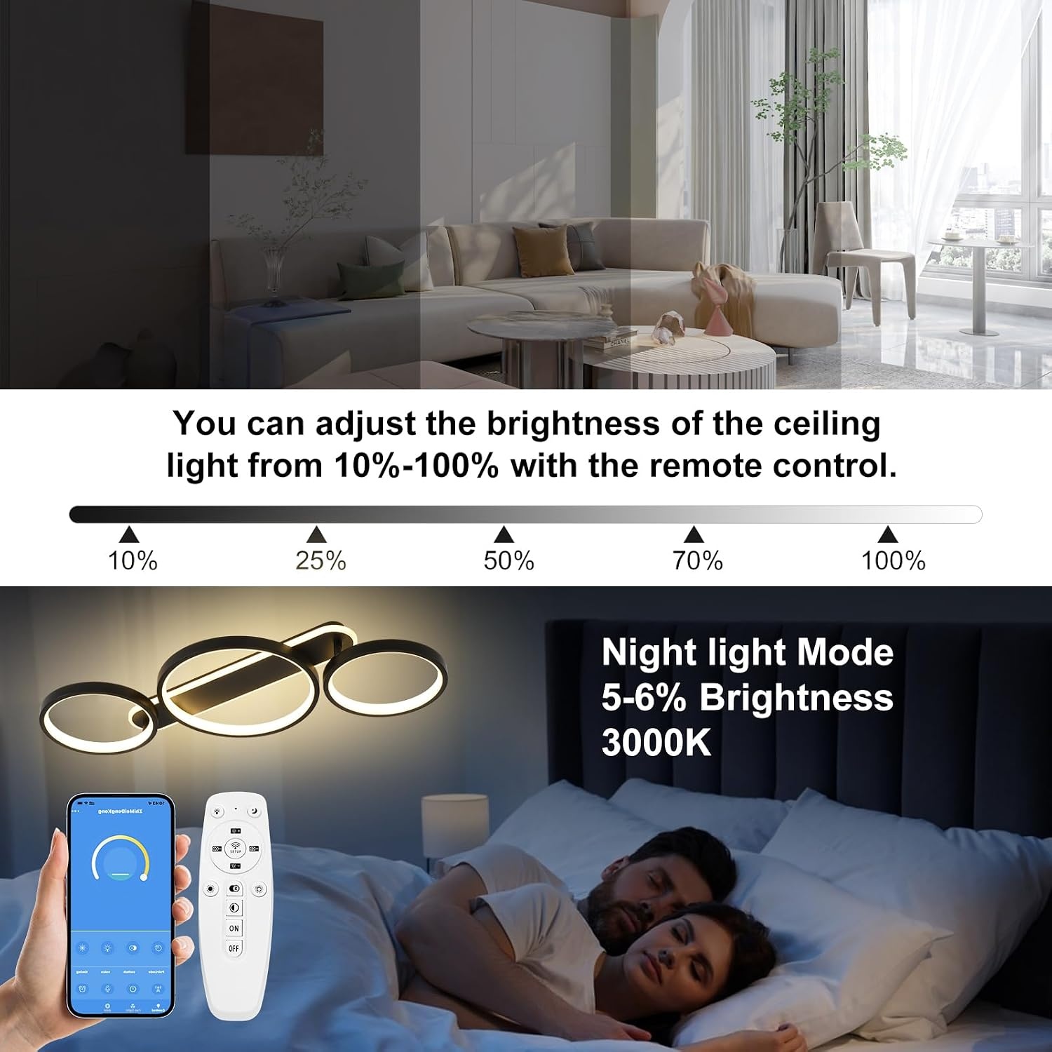 Dimbare Zwarte Plafondlamp LED 36W - 3 Vlammen met Afstandsbediening & App (34% Korting)