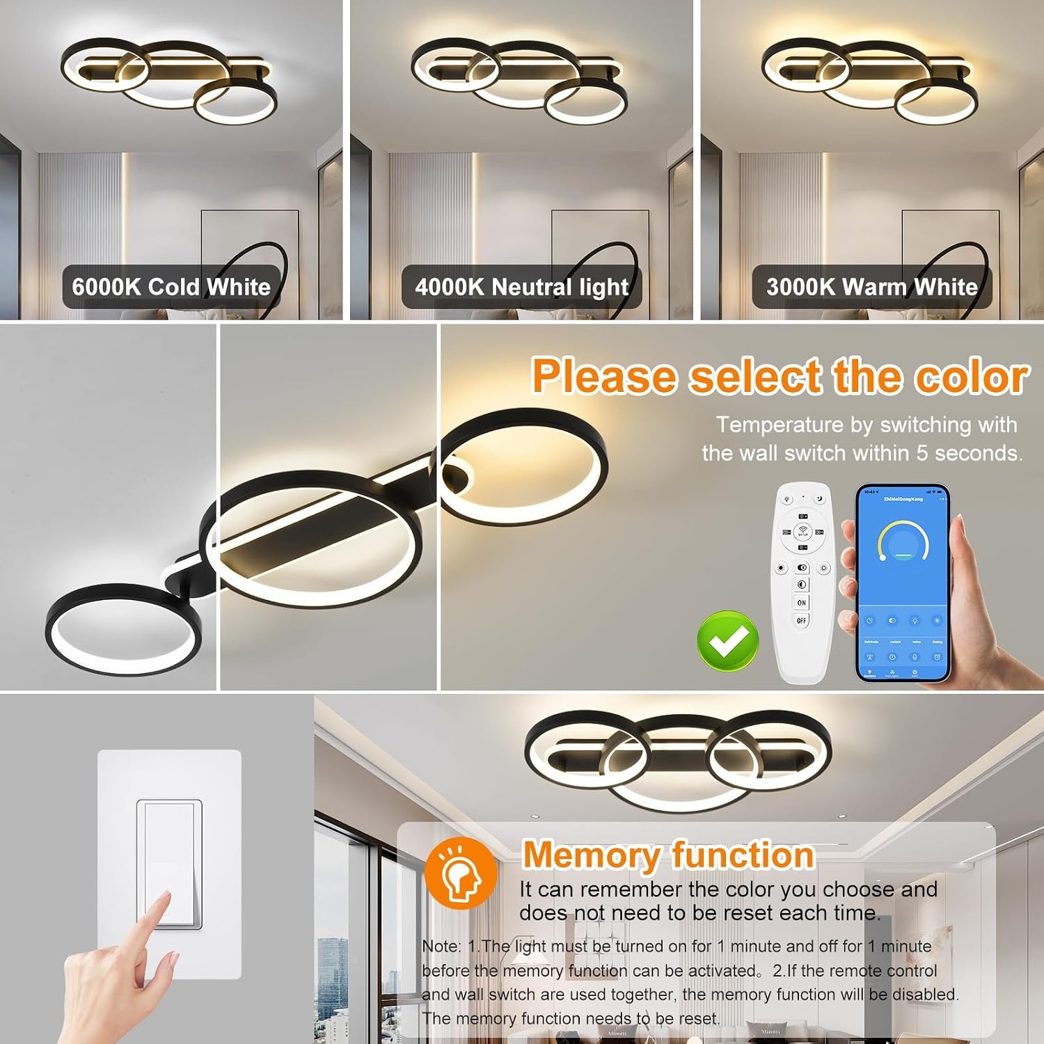 Dimbare Zwarte Plafondlamp LED 36W - 3 Vlammen met Afstandsbediening & App (34% Korting)