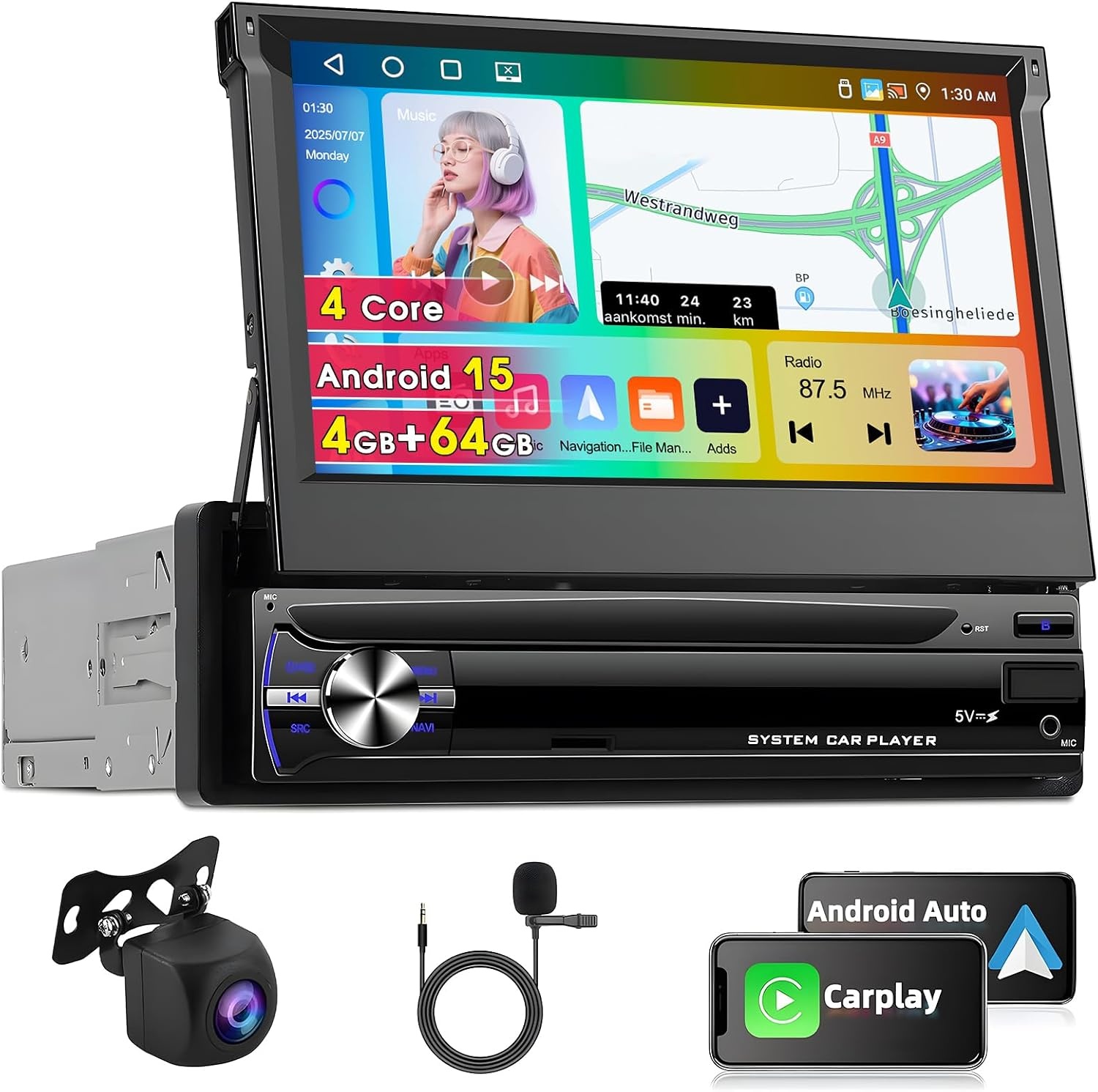 Autoradio 1 Din Android 15 (4GB/64GB) met 7" Intrekbaar Touchscreen - 54% Korting!