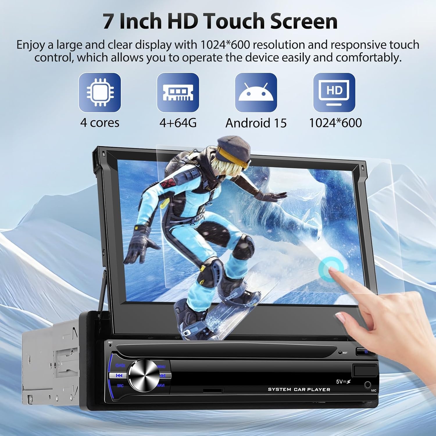 Autoradio 1 Din Android 15 (4GB/64GB) met 7" Intrekbaar Touchscreen - 54% Korting!