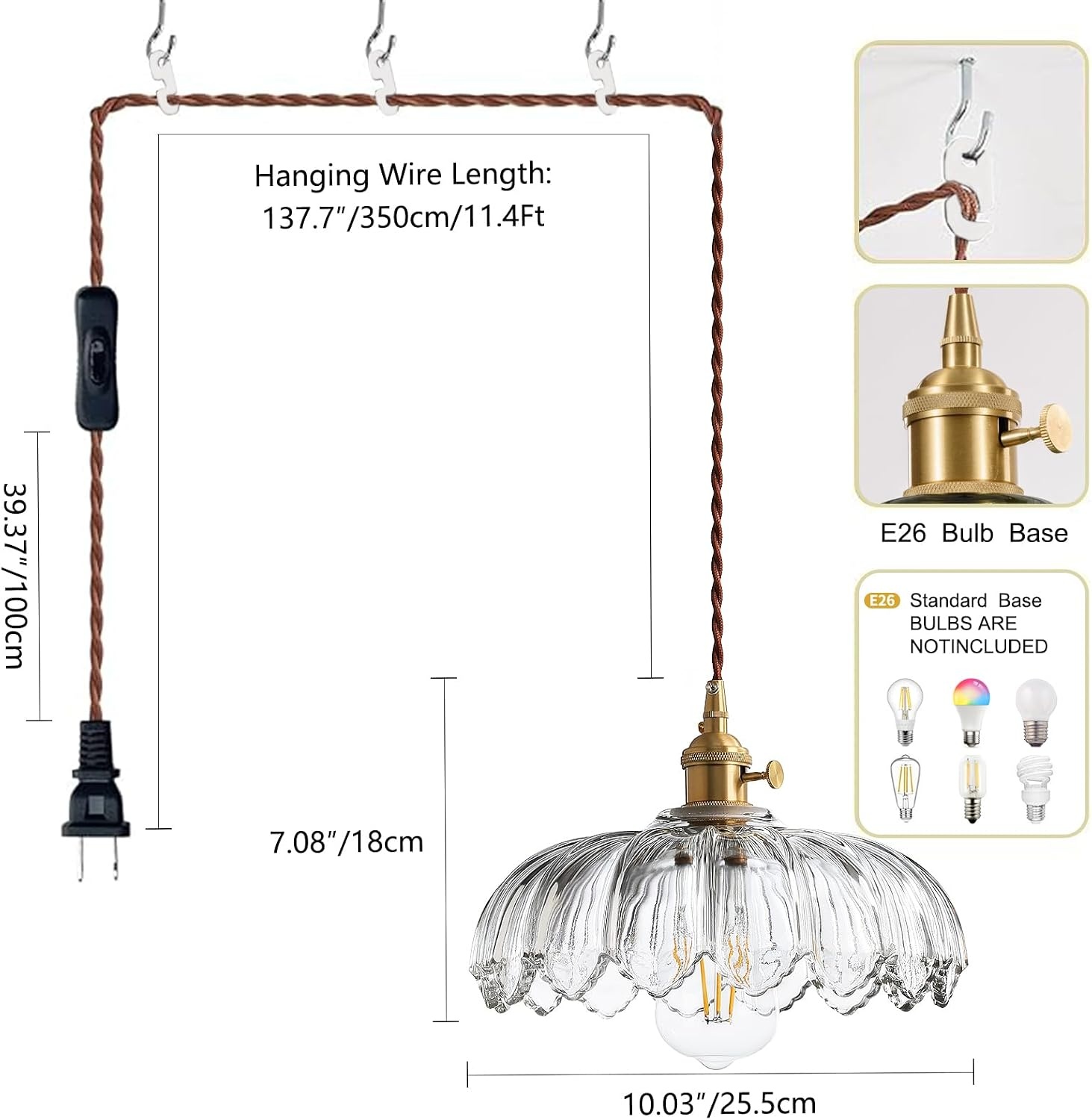 Vintage Glazen Hanglamp met Stekker - 4,5m Kabel & Draaischakelaar - 34% Korting
