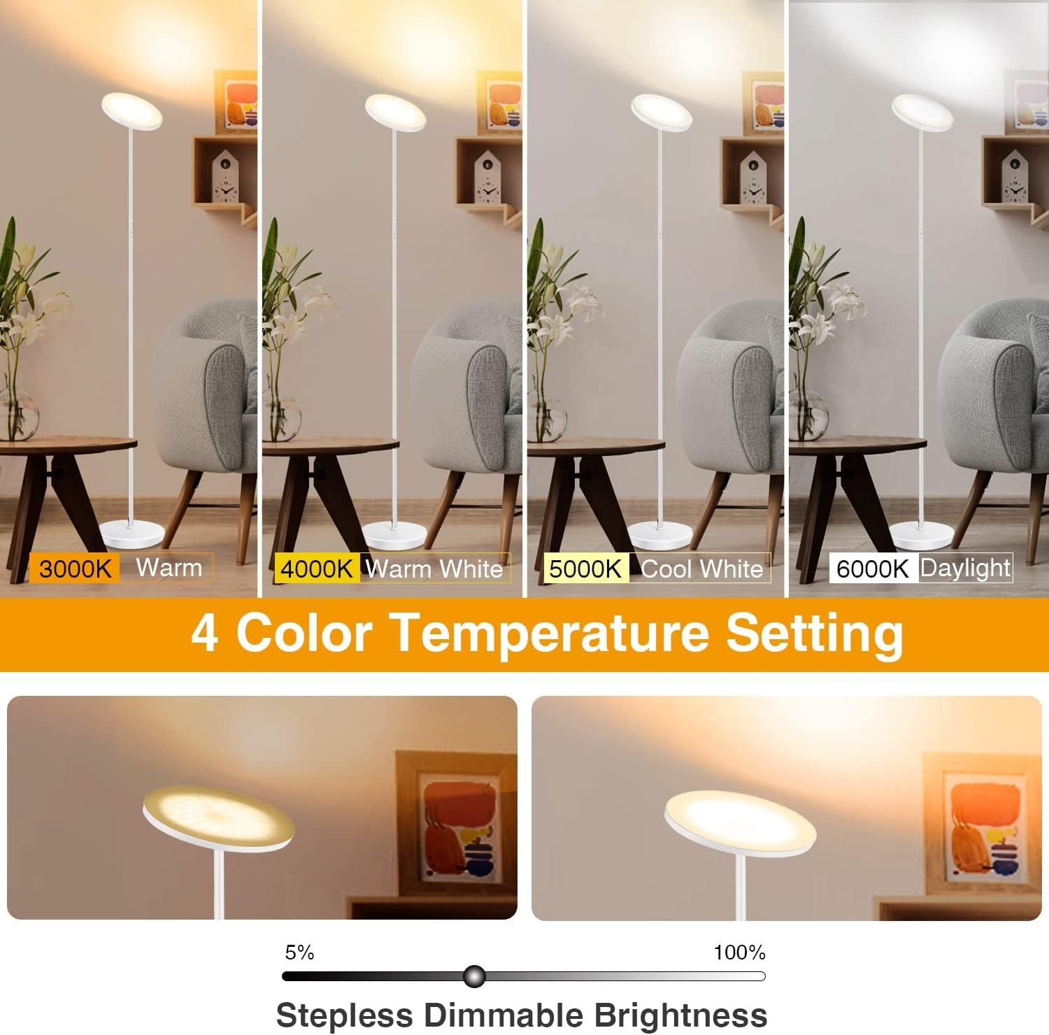OUTON LED Vloerlamp Dimbaar 30W 3000Lumen, Moderne Uplighter Staande Lamp