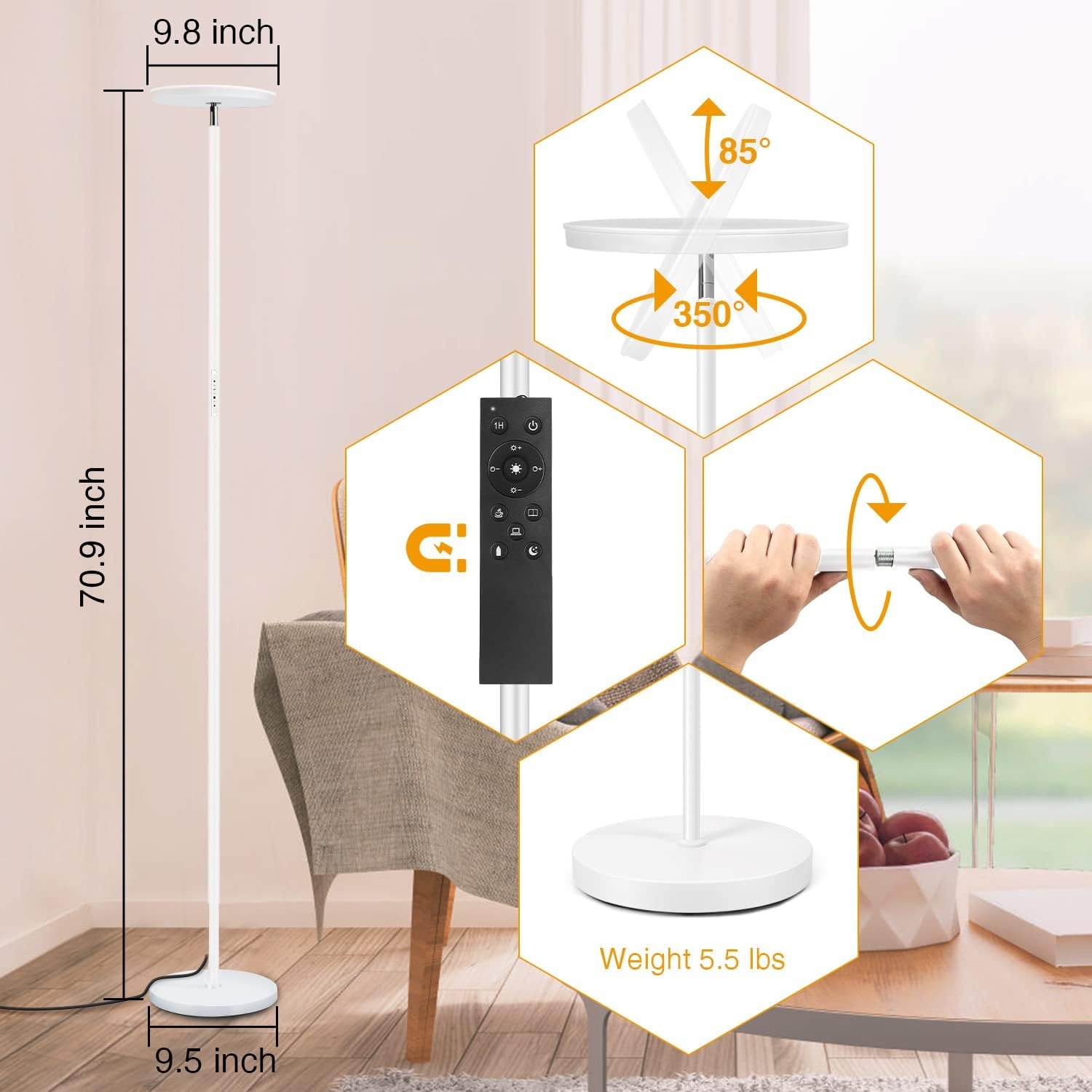 OUTON LED Vloerlamp Dimbaar 30W 3000Lumen, Moderne Uplighter Staande Lamp