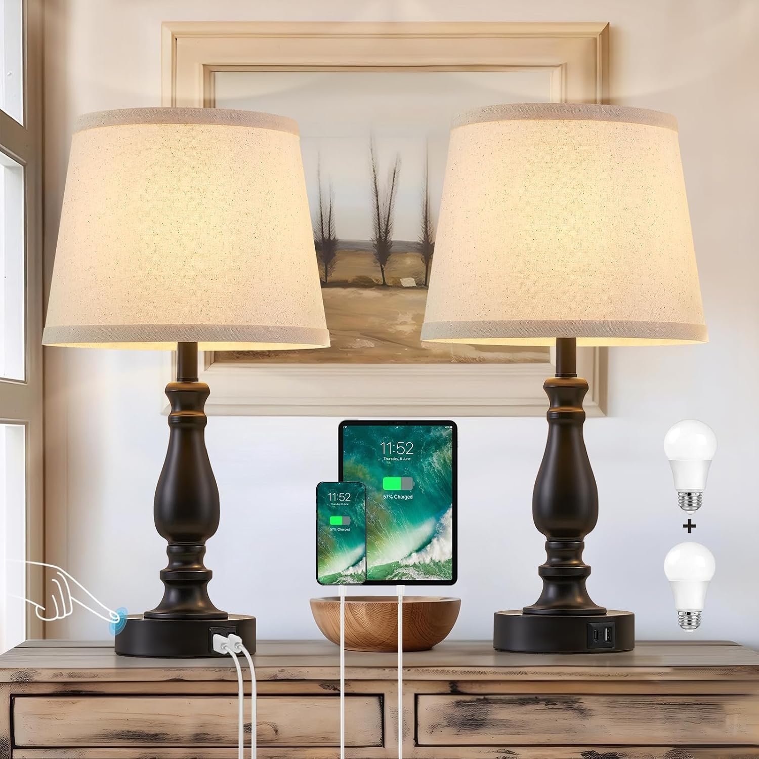 Set van 2 Dimbare Tafellampen met USB C+A Poorten - 34% Korting