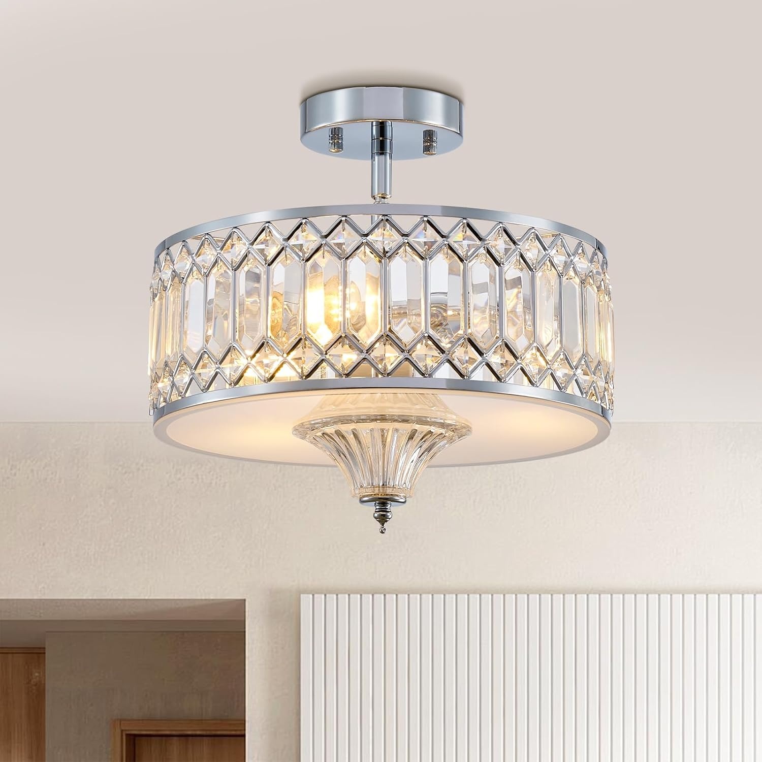 Majhoiw Moderne Kristallen Kroonluchter 33 cm - 3-Lichts Plafondlamp - Geborsteld Nikkel