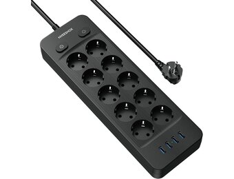 Stekkerdoos 10 stopcontacten + 4 USB 4000W Zwart - 52% Korting