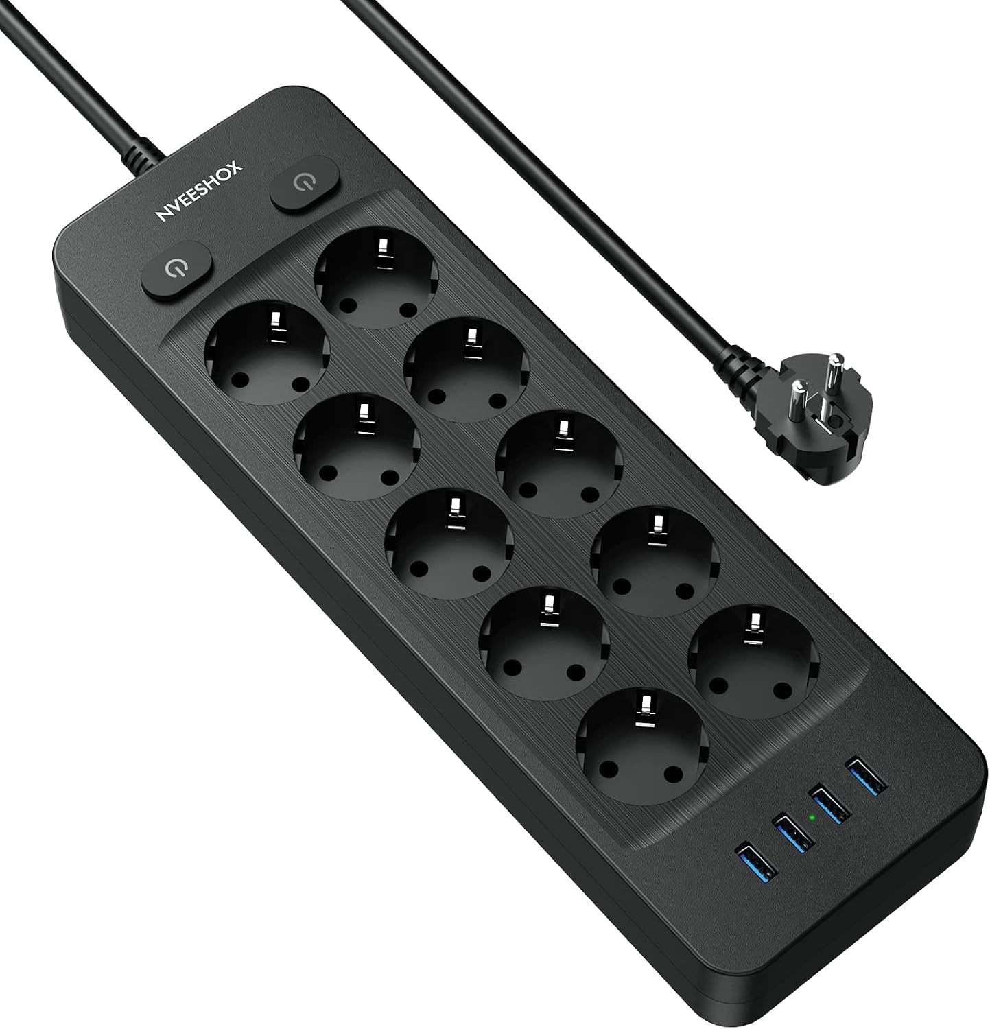 Stekkerdoos 10 stopcontacten + 4 USB 4000W Zwart - 52% Korting