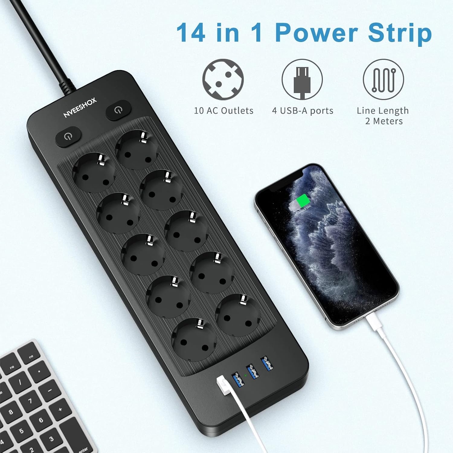 Stekkerdoos 10 stopcontacten + 4 USB 4000W Zwart - 52% Korting