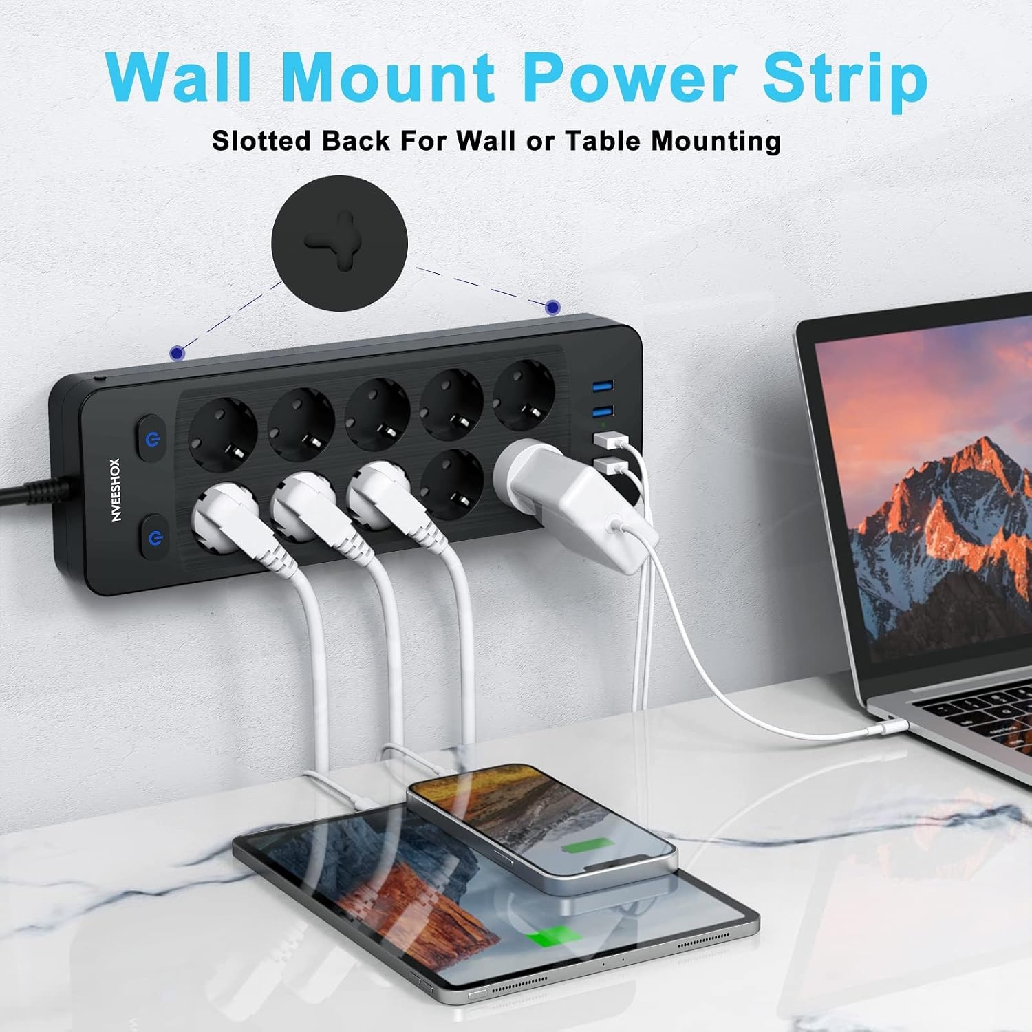 Stekkerdoos 10 stopcontacten + 4 USB 4000W Zwart - 52% Korting