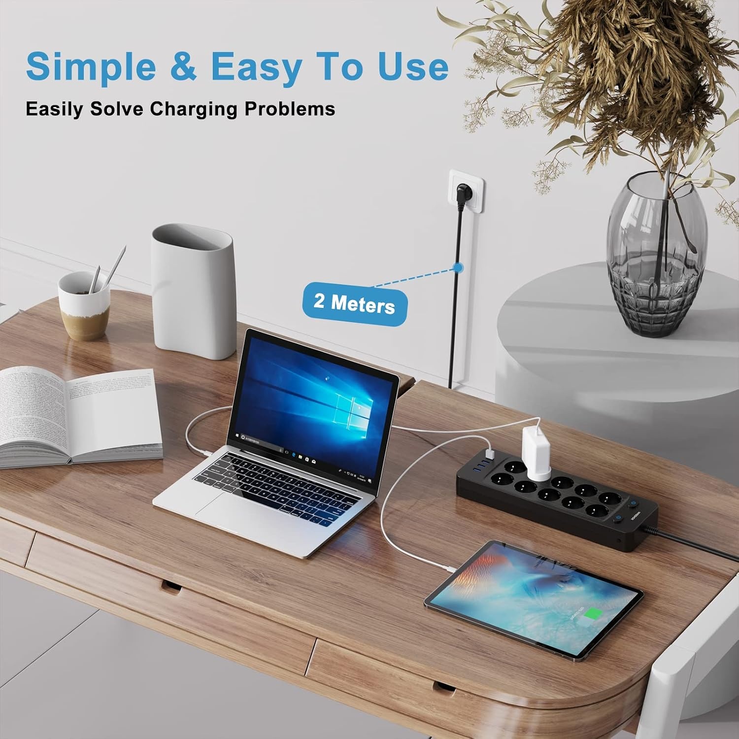 Stekkerdoos 10 stopcontacten + 4 USB 4000W Zwart - 52% Korting