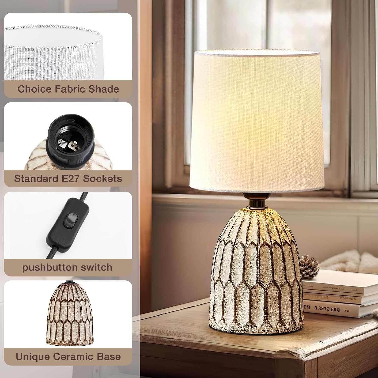 Set van 2 Boho Nachtkastlampen | Keramiek & Stof | E27 Fitting | 34% Korting