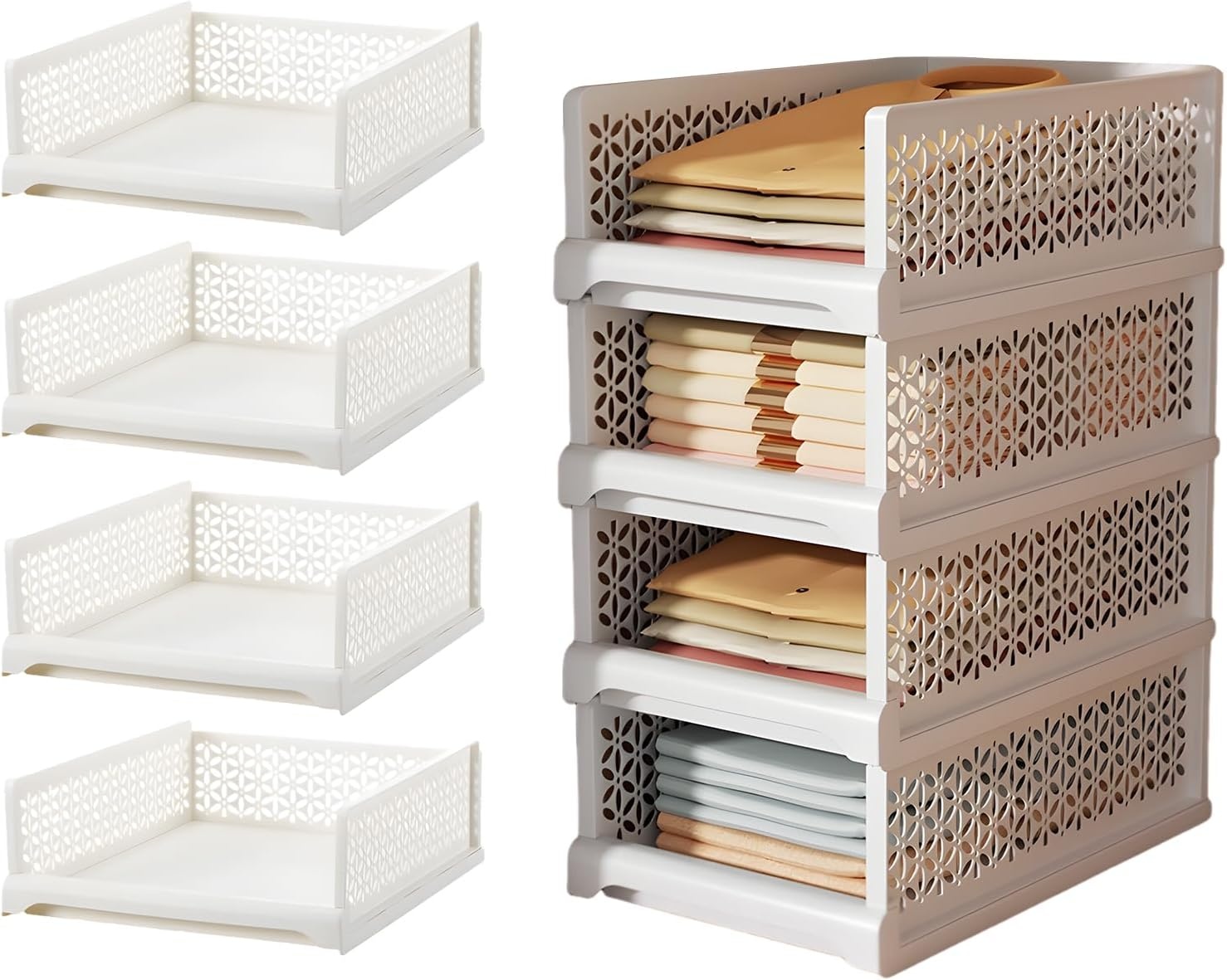 Set van 4 Stapelbare Ladeboxen Organizer Wit - Kledingkast, Kantoor, Keuken - 33% Korting
