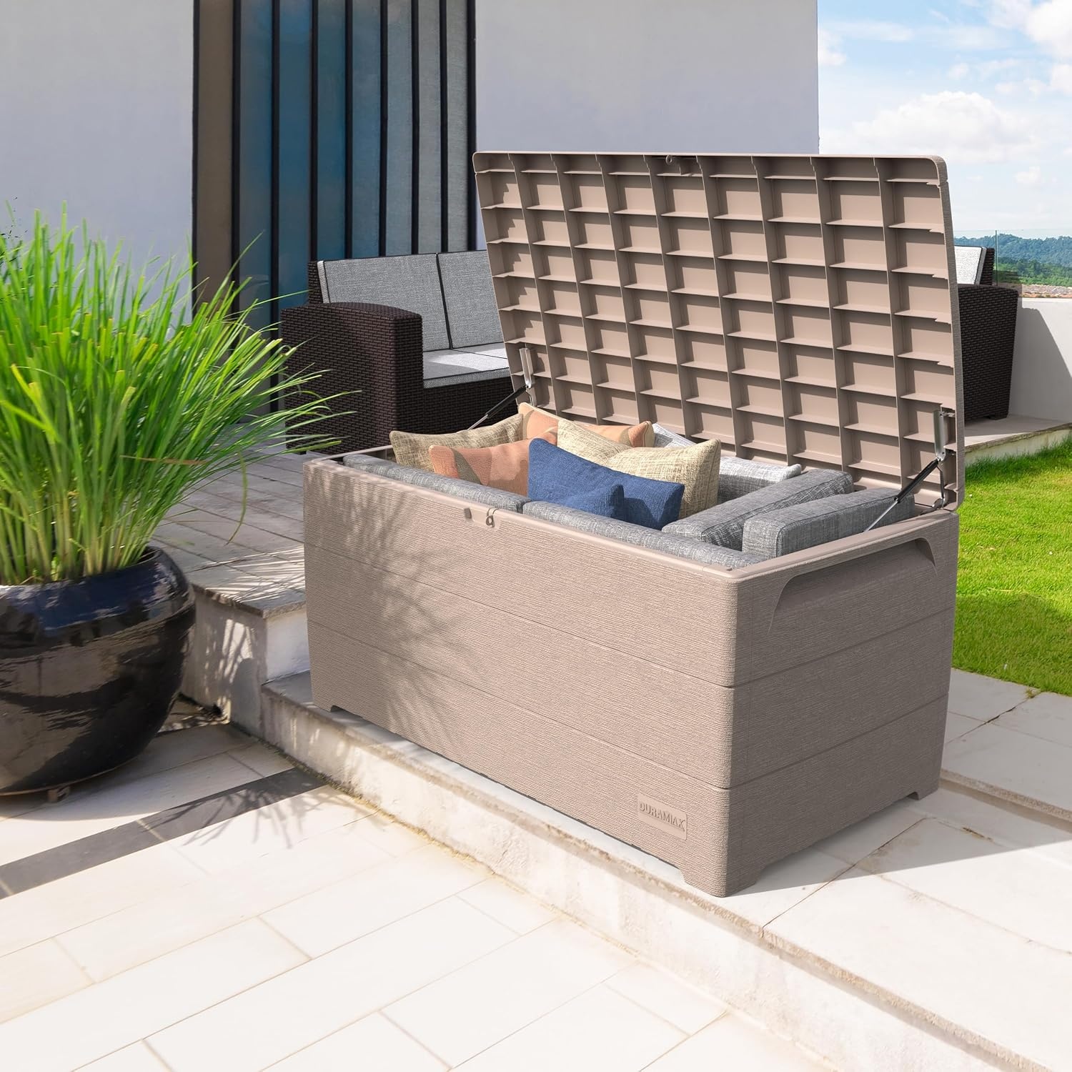 Opbergbox Tuin 416L met Gasveer & Zitbank - Warm Taupe - 54% Korting