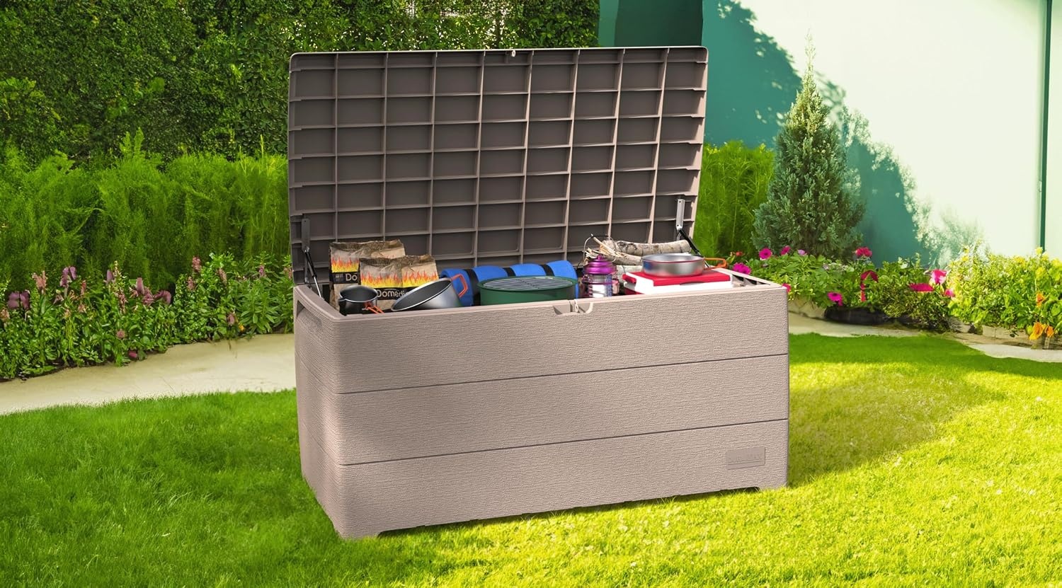 Opbergbox Tuin 416L met Gasveer & Zitbank - Warm Taupe - 54% Korting