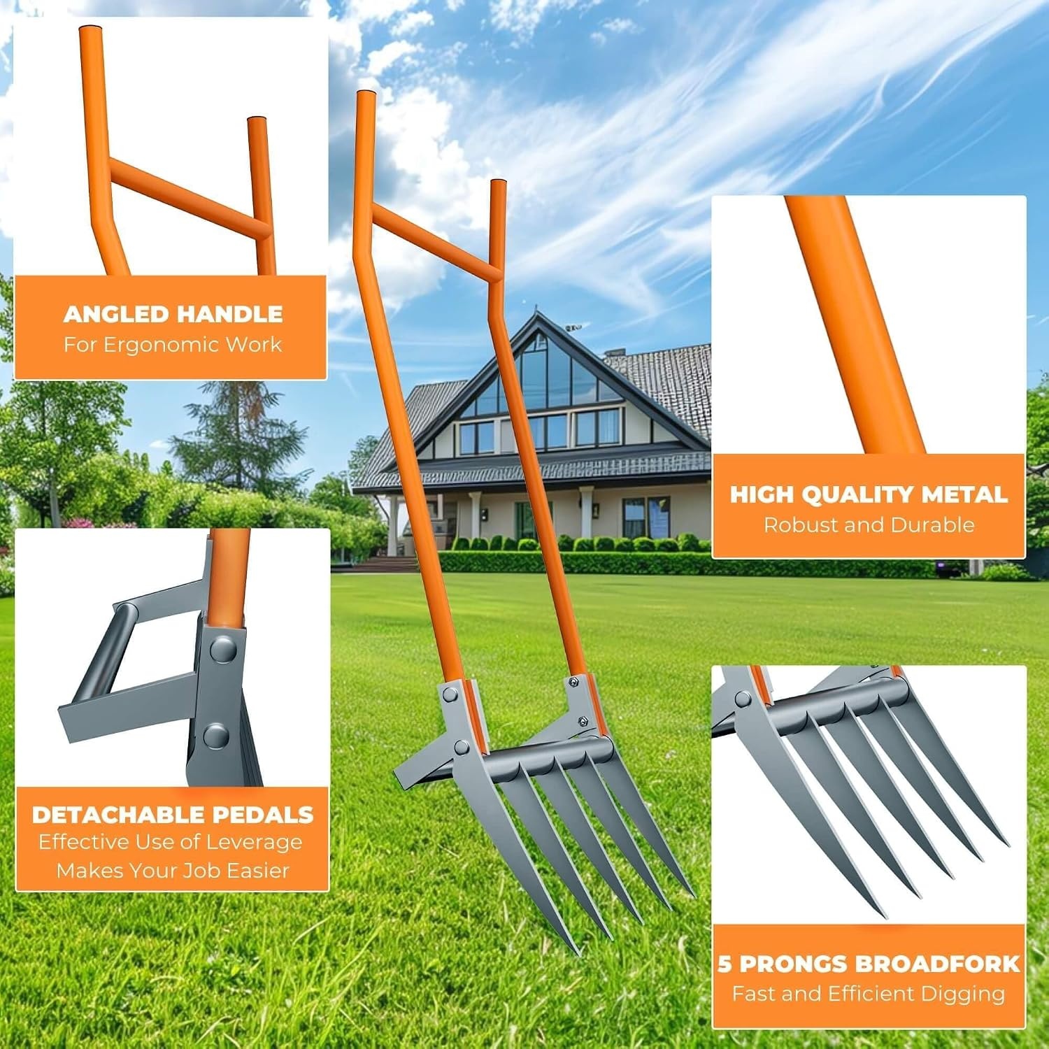 Broadfork Tuinvork 50 cm - 5 Tanden & Voetpedalen - Bodemluchtig
