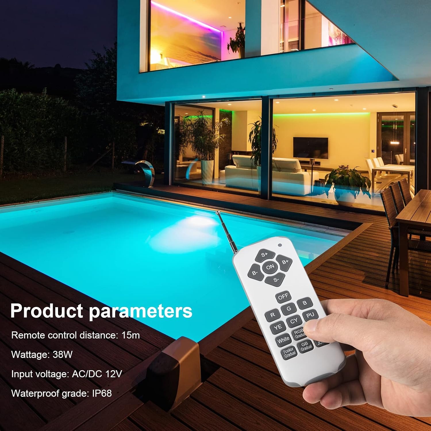 38W LED Zwembadlamp PAR56 IP68 RGB, 12V, 120° Stralingshoek met Afstandsbediening - 34% Korting