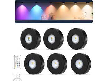6x Oplaadbare LED Puck Lampen met Afstandsbediening - RGB & Wit - Zwart - 33% Korting