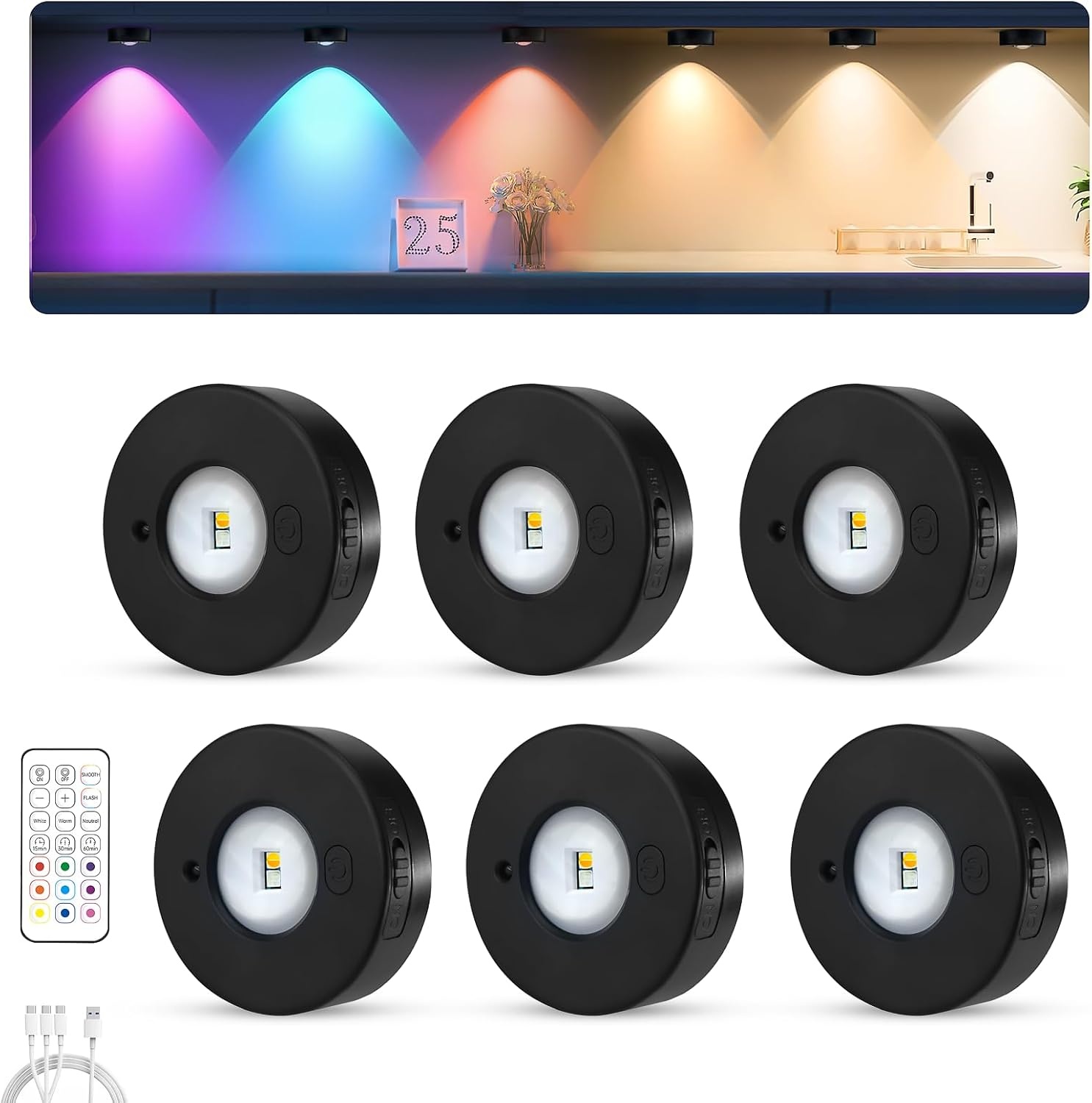 6x Oplaadbare LED Puck Lampen met Afstandsbediening - RGB & Wit - Zwart - 33% Korting