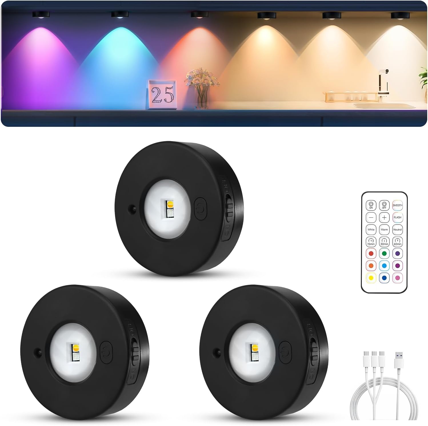 6x Oplaadbare LED Puck Lampen met Afstandsbediening - RGB & Wit - Zwart - 33% Korting
