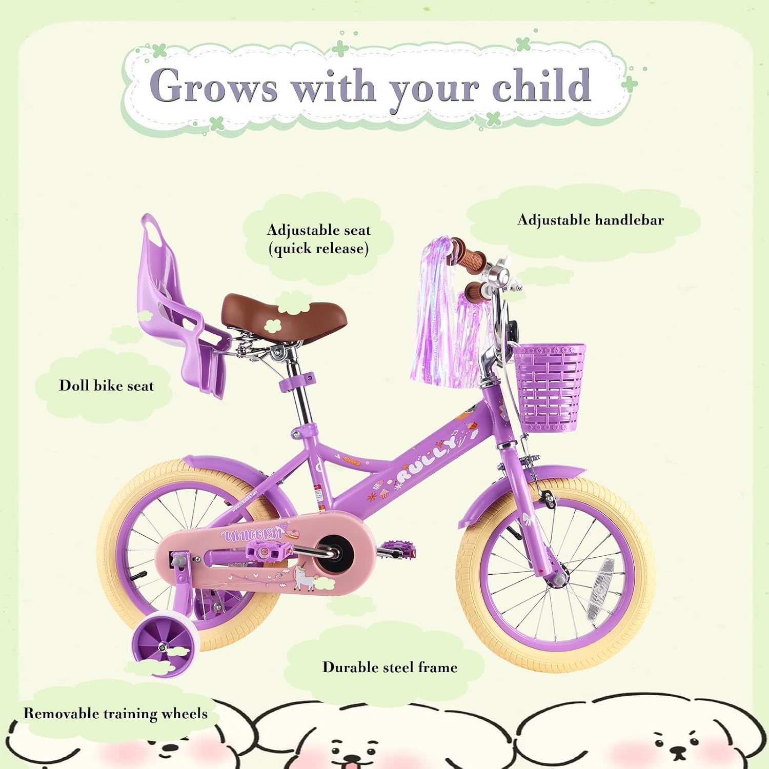 RULLY Kinderfiets 12 inch Paars - Meisjesfiets met mand, steunwielen - 59% korting!