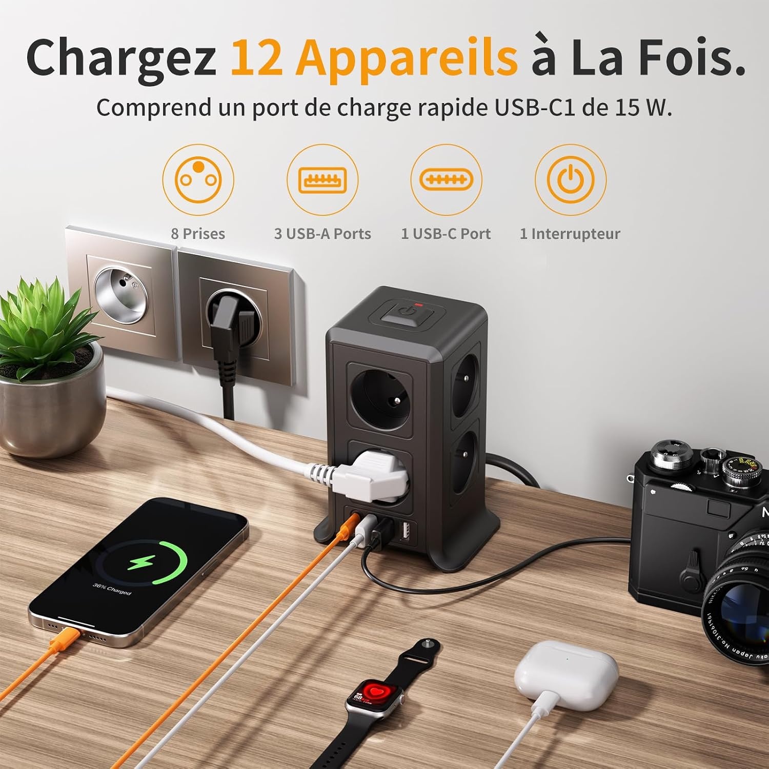 Stekkerdoos Toren met 8 Stopcontacten, 4 USB, Overspanningsbeveiliging & Schakelaar - 33% Korting!