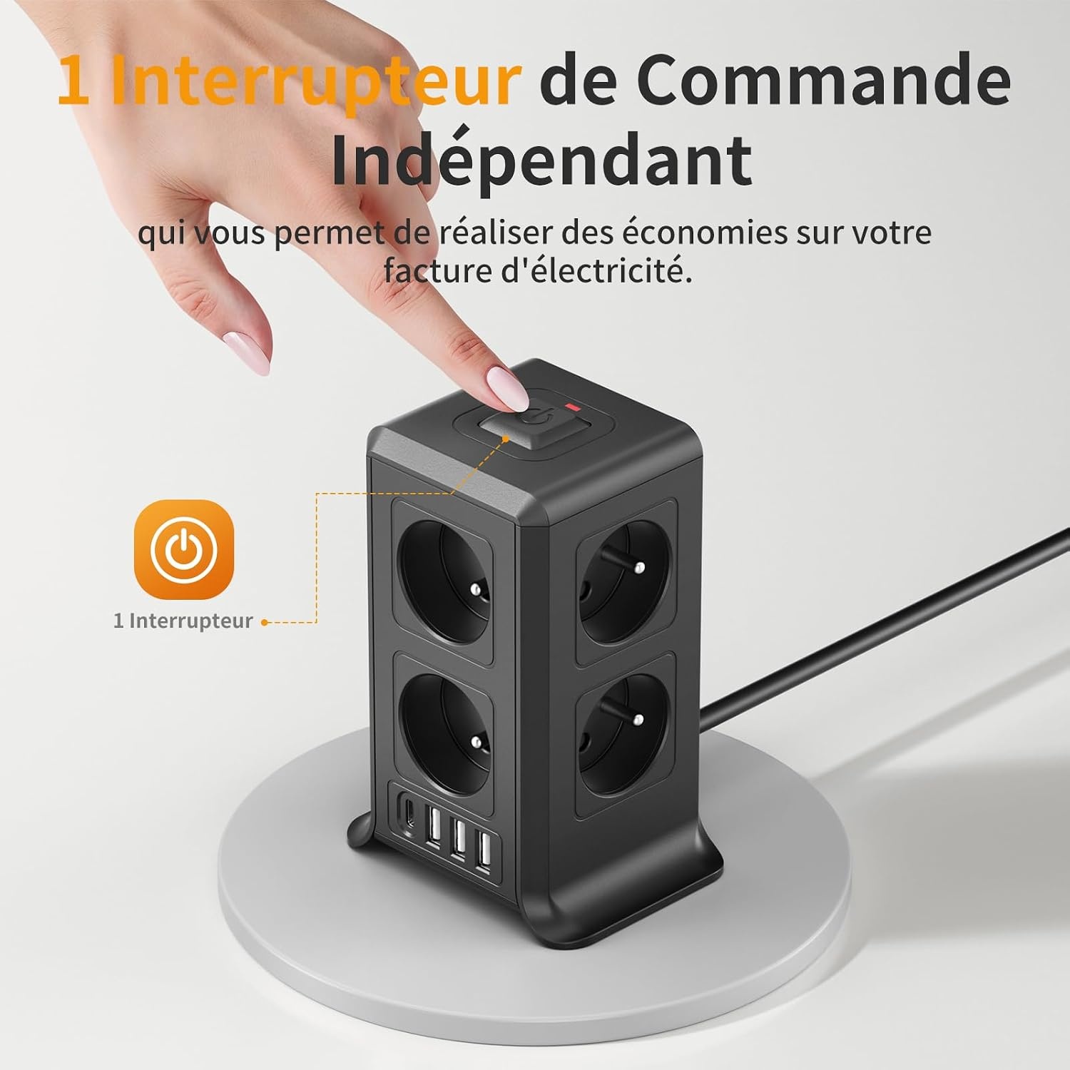Stekkerdoos Toren met 8 Stopcontacten, 4 USB, Overspanningsbeveiliging & Schakelaar - 33% Korting!