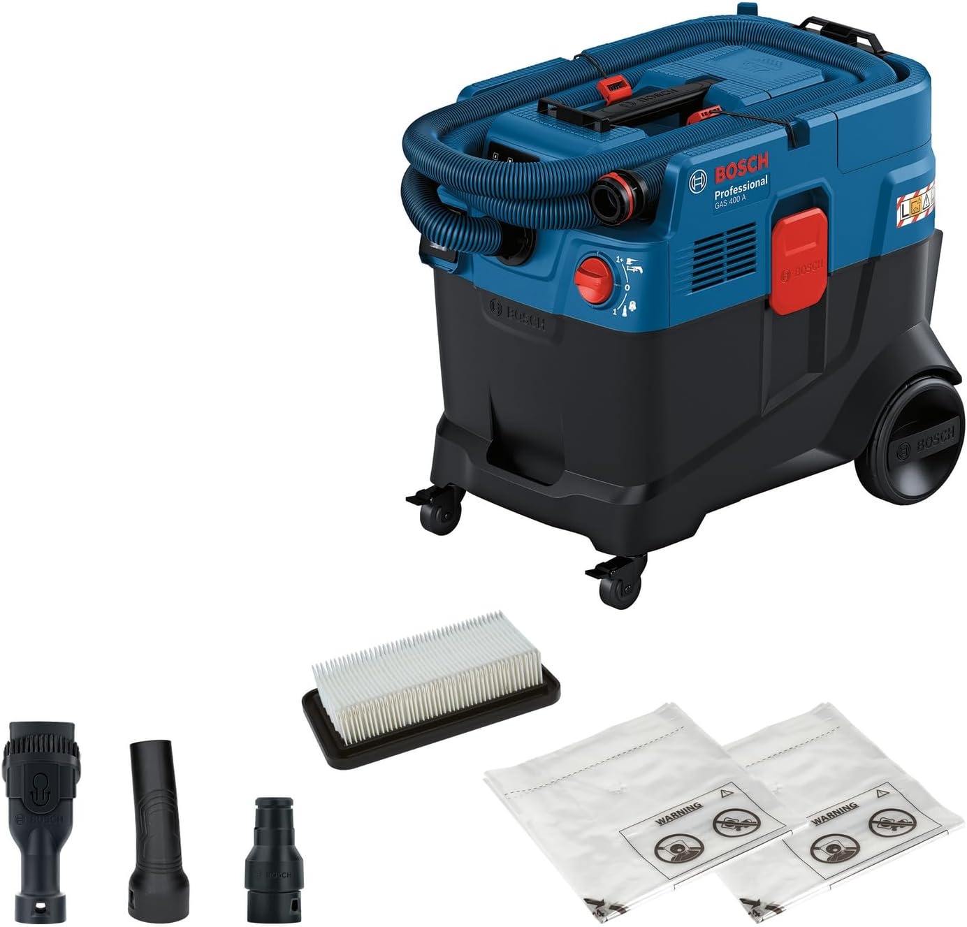 Bosch Professional alleszuiger GAS 400 A (1200 W, automatische filterreiniging (AFC), incl. hoofdfilter, slang, machine-adapter, gebogen buis, 2 afvalzakken)