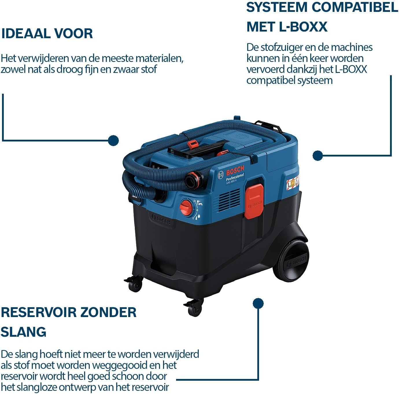 Bosch Professional alleszuiger GAS 400 A (1200 W, automatische filterreiniging (AFC), incl. hoofdfilter, slang, machine-adapter, gebogen buis, 2 afvalzakken)