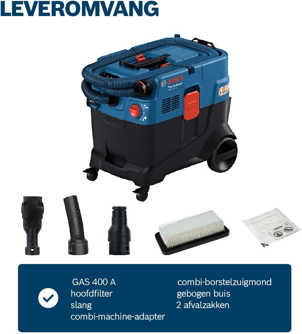 Bosch Professional alleszuiger GAS 400 A (1200 W, automatische filterreiniging (AFC), incl. hoofdfilter, slang, machine-adapter, gebogen buis, 2 afvalzakken)