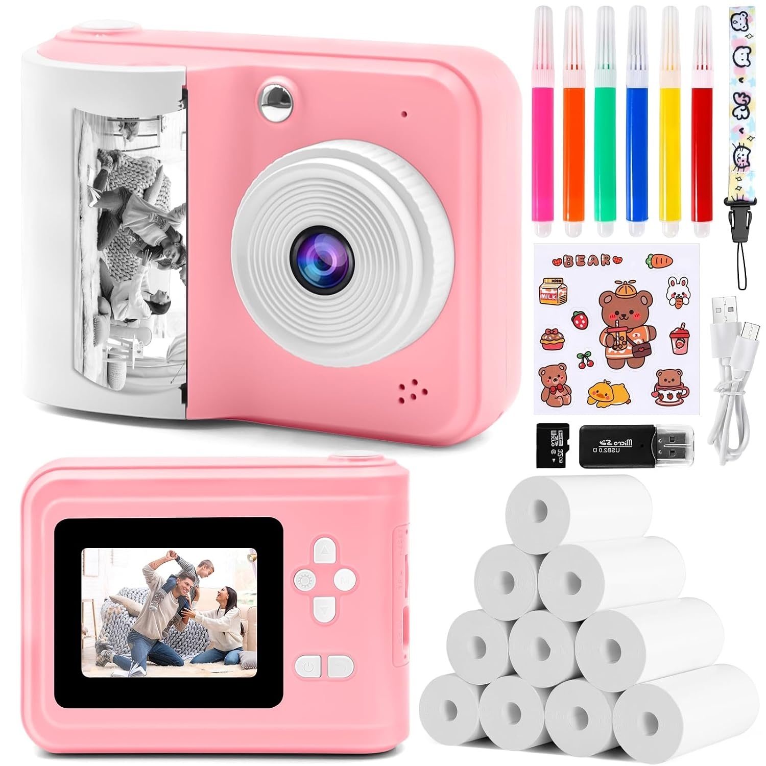 Kindercamera met Instant Print - Roze - 48MP - Inclusief 32GB SD-kaart en 10 Rollen Printpapier