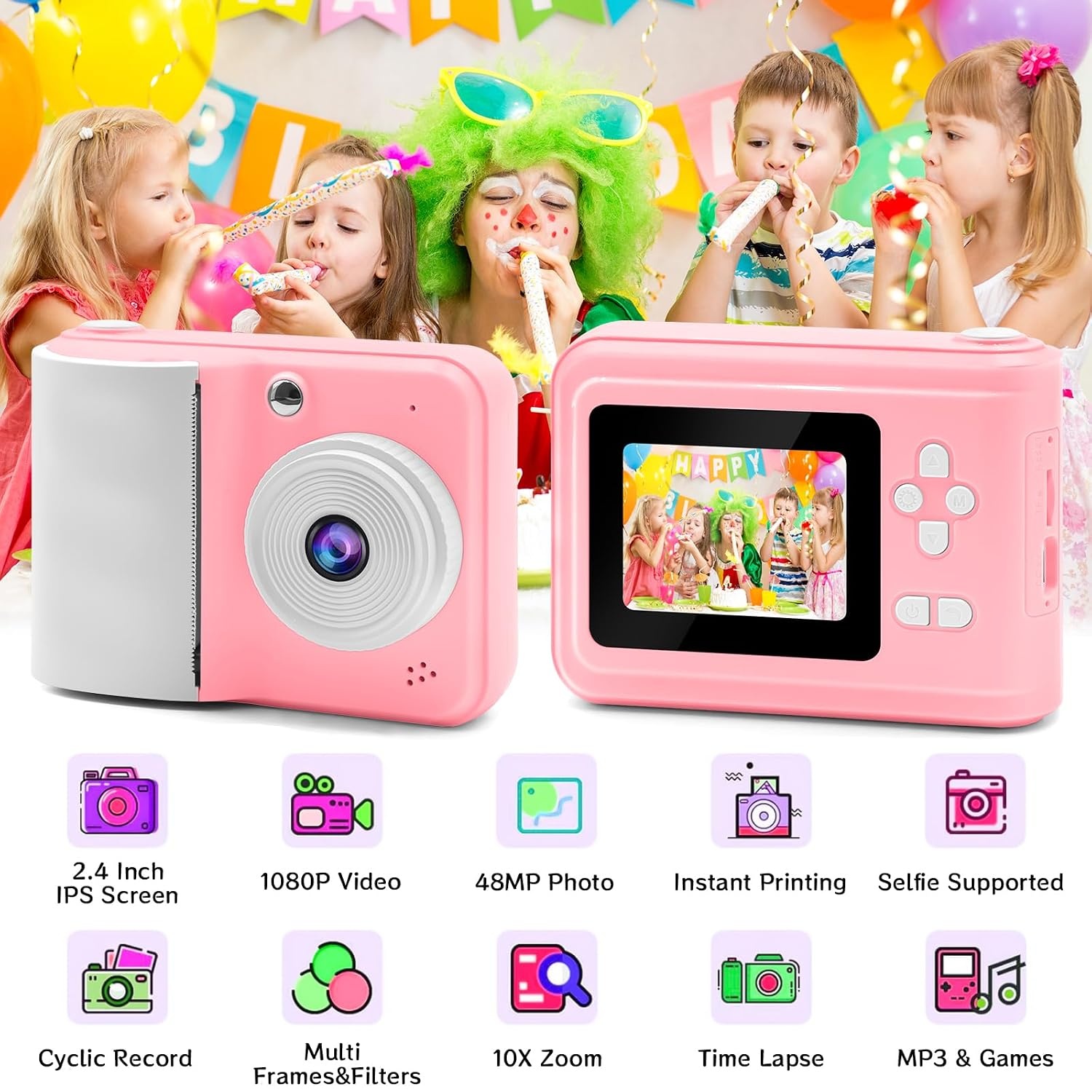 Kindercamera met Instant Print - Roze - 48MP - Inclusief 32GB SD-kaart en 10 Rollen Printpapier