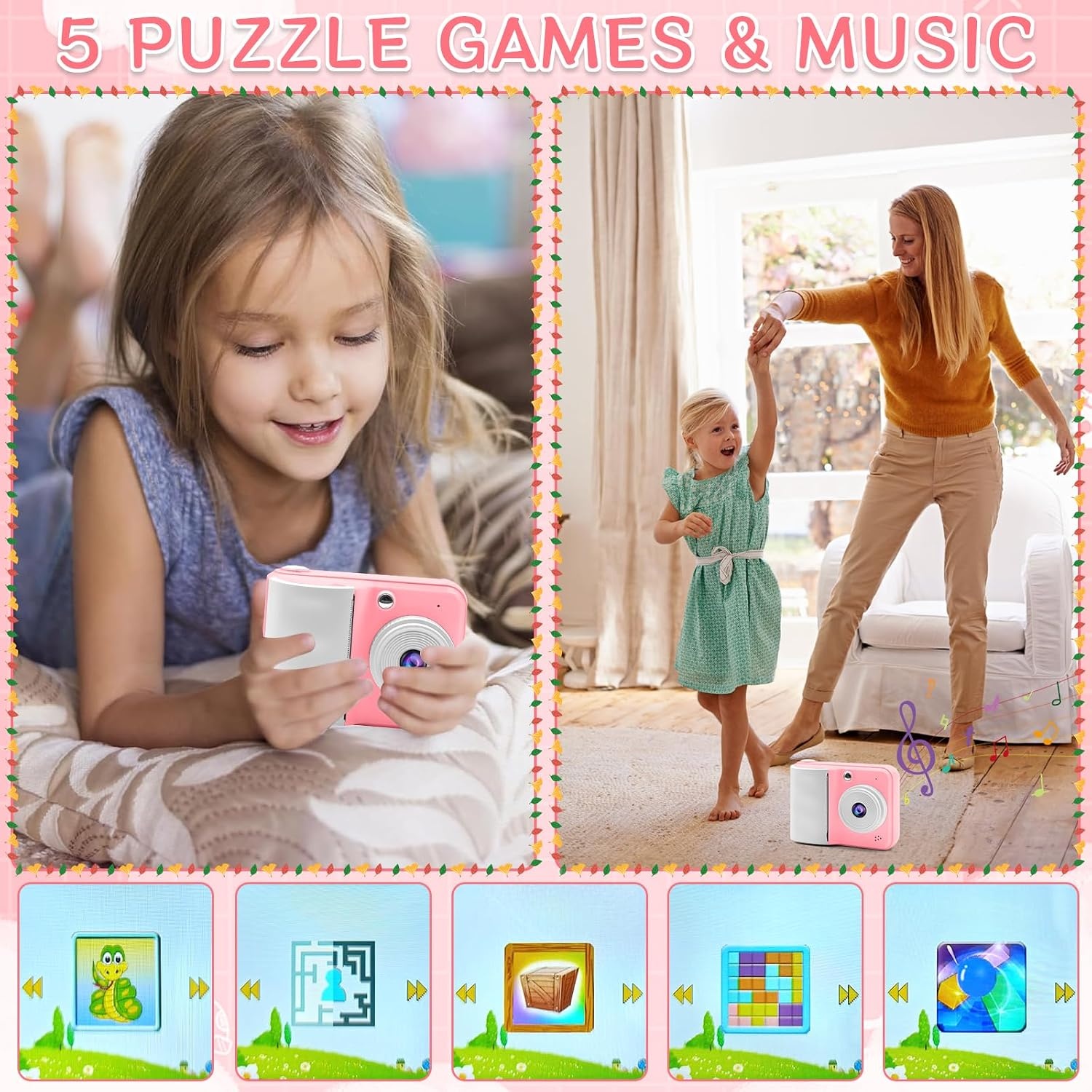 Kindercamera met Instant Print - Roze - 48MP - Inclusief 32GB SD-kaart en 10 Rollen Printpapier