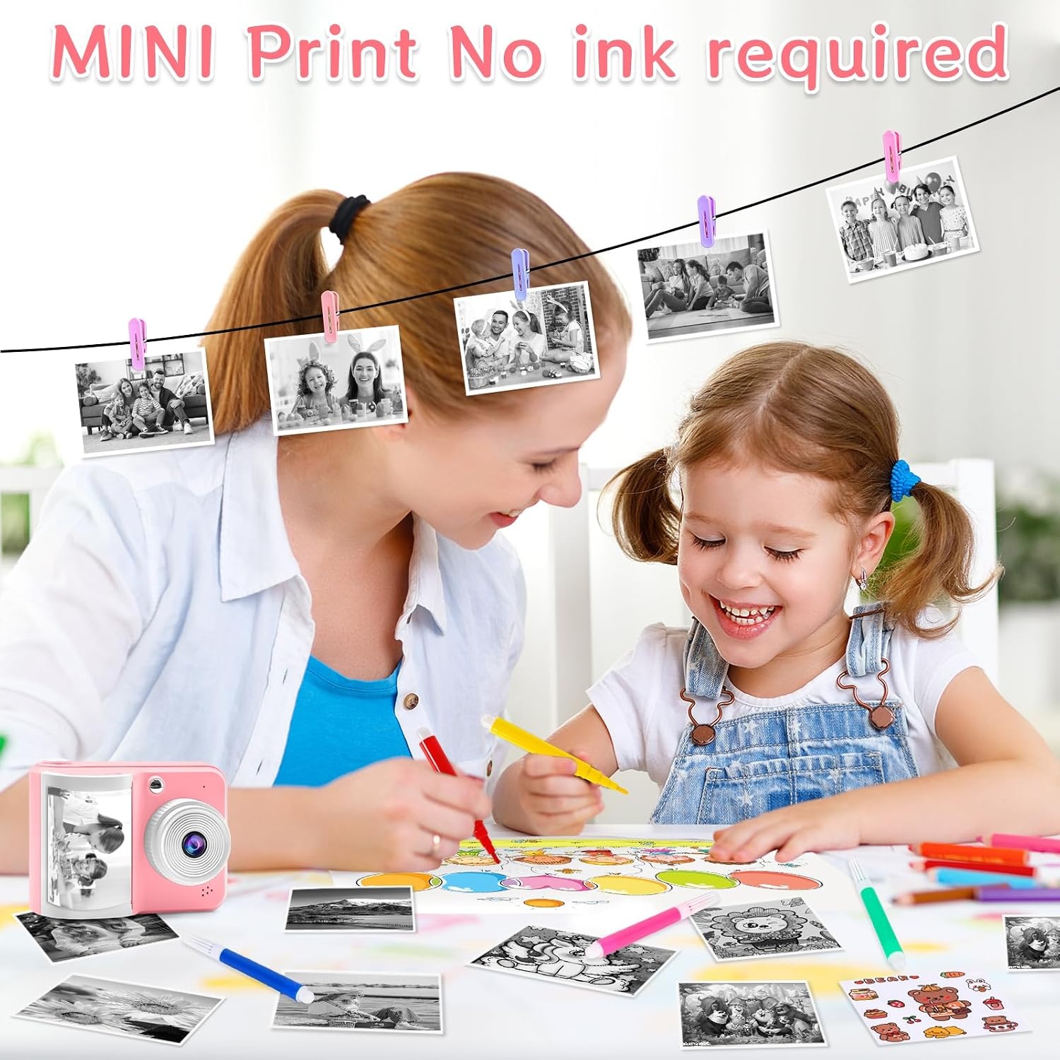 Kindercamera met Instant Print - Roze - 48MP - Inclusief 32GB SD-kaart en 10 Rollen Printpapier
