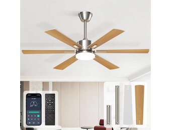 EppieBasic Plafondventilator met verlichting, 132 cm, stille DC-motor met afstandsbediening/app-bediening, 6 snelheden, zomer-winterwerking, 6 vleugels, houtlook, voor woonkamer/slaapkamer