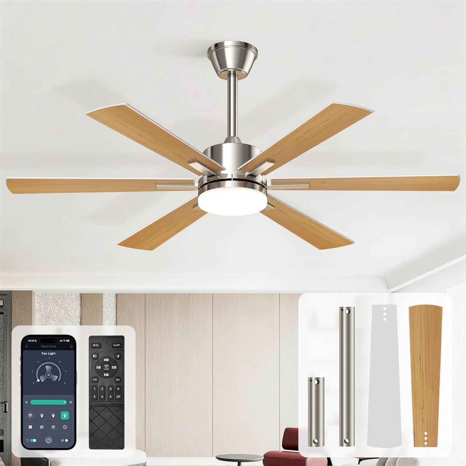 EppieBasic Plafondventilator met verlichting, 132 cm, stille DC-motor met afstandsbediening/app-bediening, 6 snelheden, zomer-winterwerking, 6 vleugels, houtlook, voor woonkamer/slaapkamer