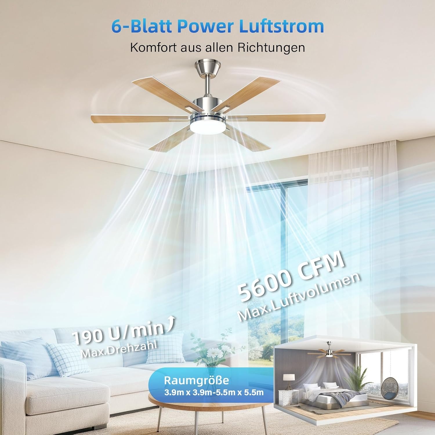 EppieBasic Plafondventilator met verlichting, 132 cm, stille DC-motor met afstandsbediening/app-bediening, 6 snelheden, zomer-winterwerking, 6 vleugels, houtlook, voor woonkamer/slaapkamer