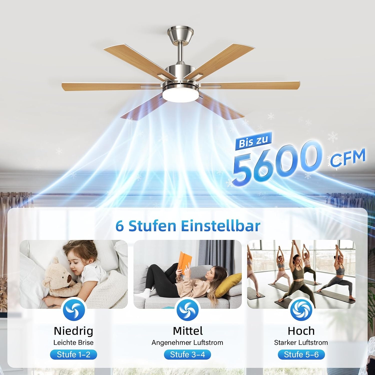 EppieBasic Plafondventilator met verlichting, 132 cm, stille DC-motor met afstandsbediening/app-bediening, 6 snelheden, zomer-winterwerking, 6 vleugels, houtlook, voor woonkamer/slaapkamer
