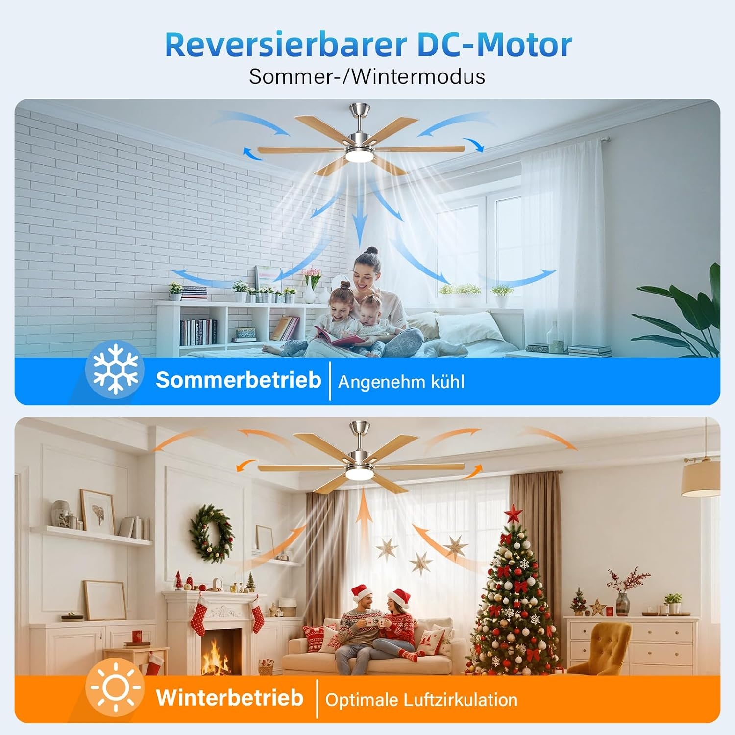 EppieBasic Plafondventilator met verlichting, 132 cm, stille DC-motor met afstandsbediening/app-bediening, 6 snelheden, zomer-winterwerking, 6 vleugels, houtlook, voor woonkamer/slaapkamer