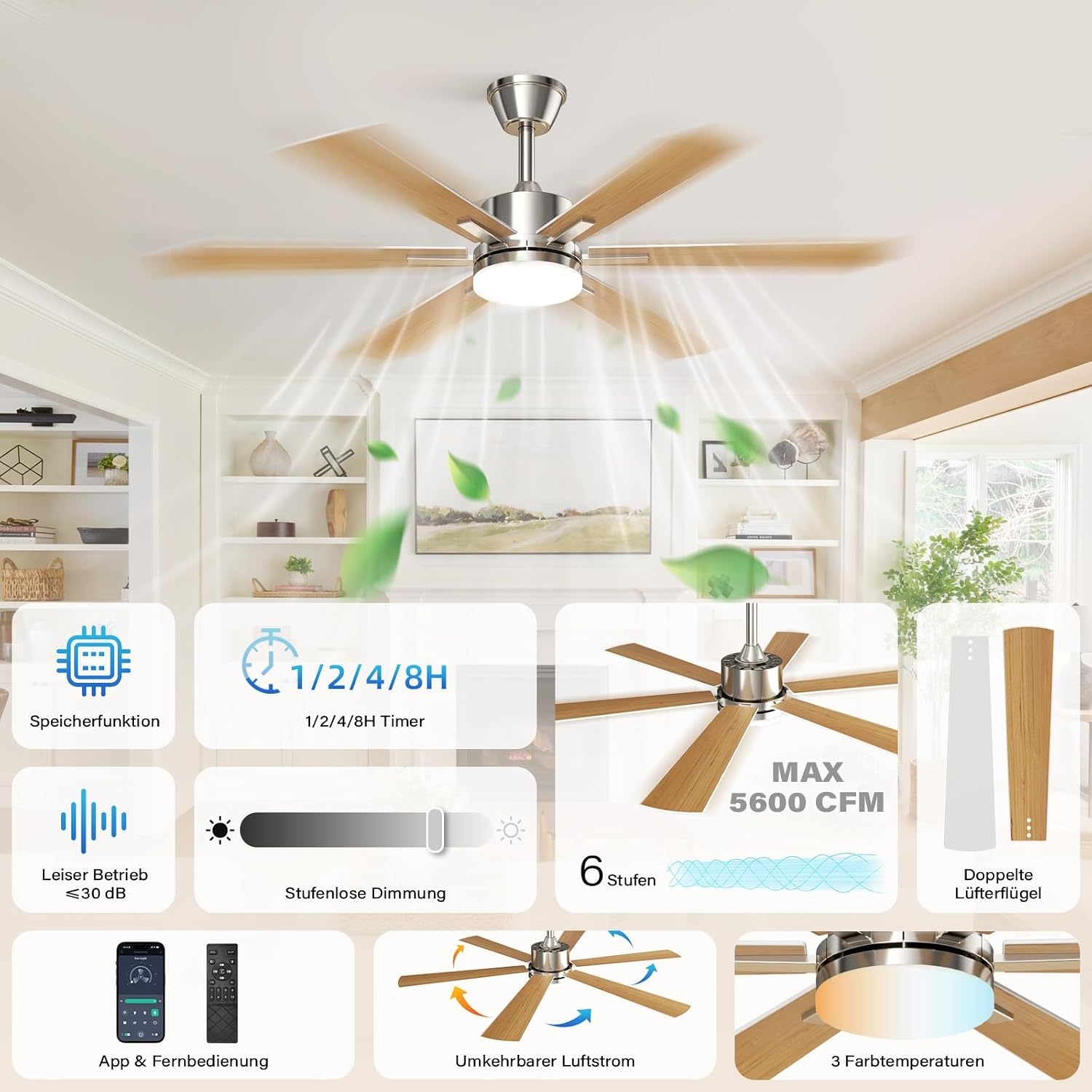 EppieBasic Plafondventilator met verlichting, 132 cm, stille DC-motor met afstandsbediening/app-bediening, 6 snelheden, zomer-winterwerking, 6 vleugels, houtlook, voor woonkamer/slaapkamer