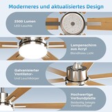EppieBasic Plafondventilator met verlichting, 132 cm, stille DC-motor met afstandsbediening/app-bediening, 6 snelheden, zomer-winterwerking, 6 vleugels, houtlook, voor woonkamer/slaapkamer