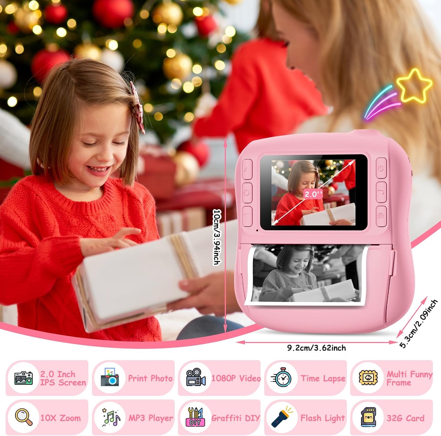 Hangrui Instant kindercamera, 14 MP instant camera voor kinderen met 32G-kaart en printpapier, 1080p camera voor kinderen, direct printen met gekleurde pennen, cadeau voor 3-12 jongens en meisjes