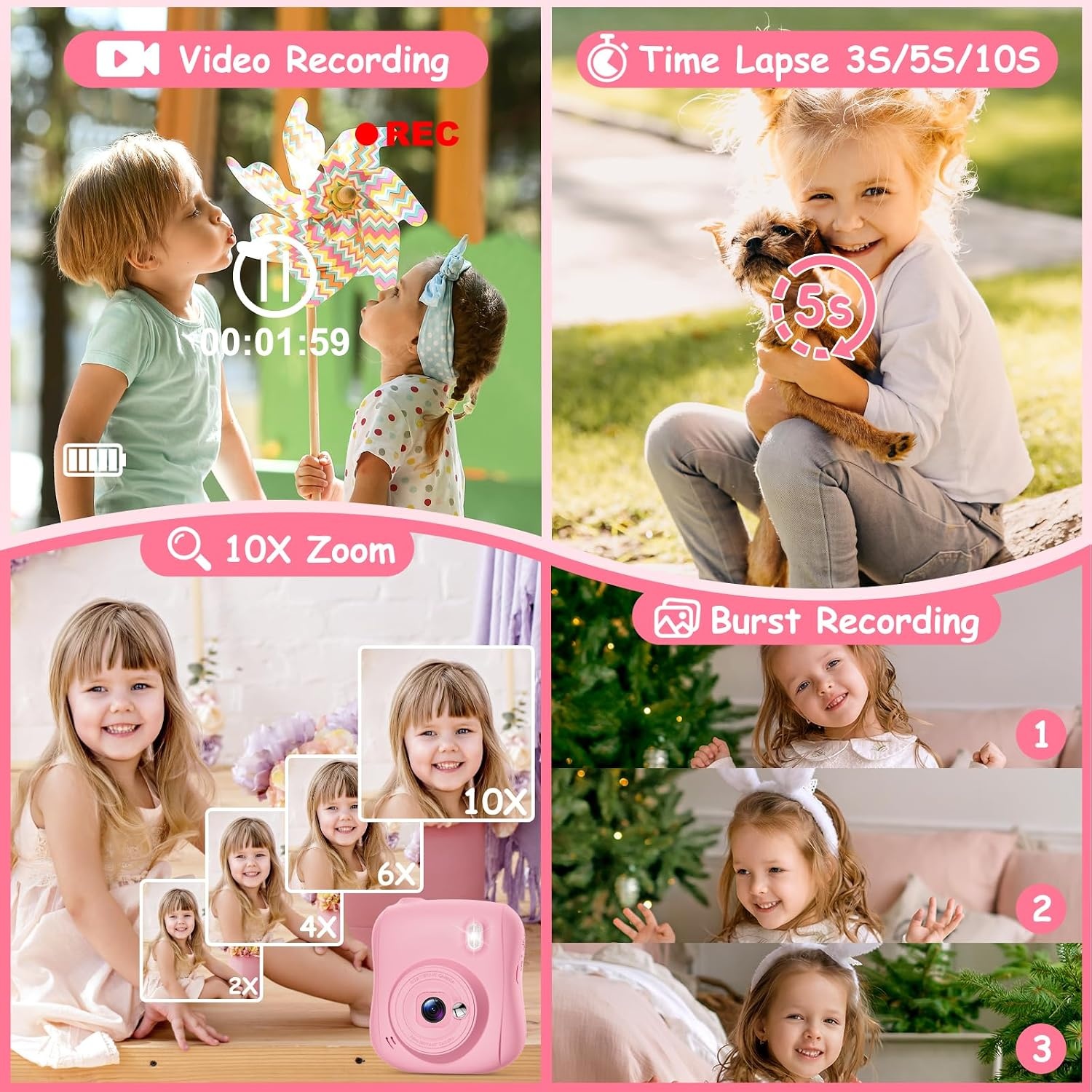 Hangrui Instant kindercamera, 14 MP instant camera voor kinderen met 32G-kaart en printpapier, 1080p camera voor kinderen, direct printen met gekleurde pennen, cadeau voor 3-12 jongens en meisjes