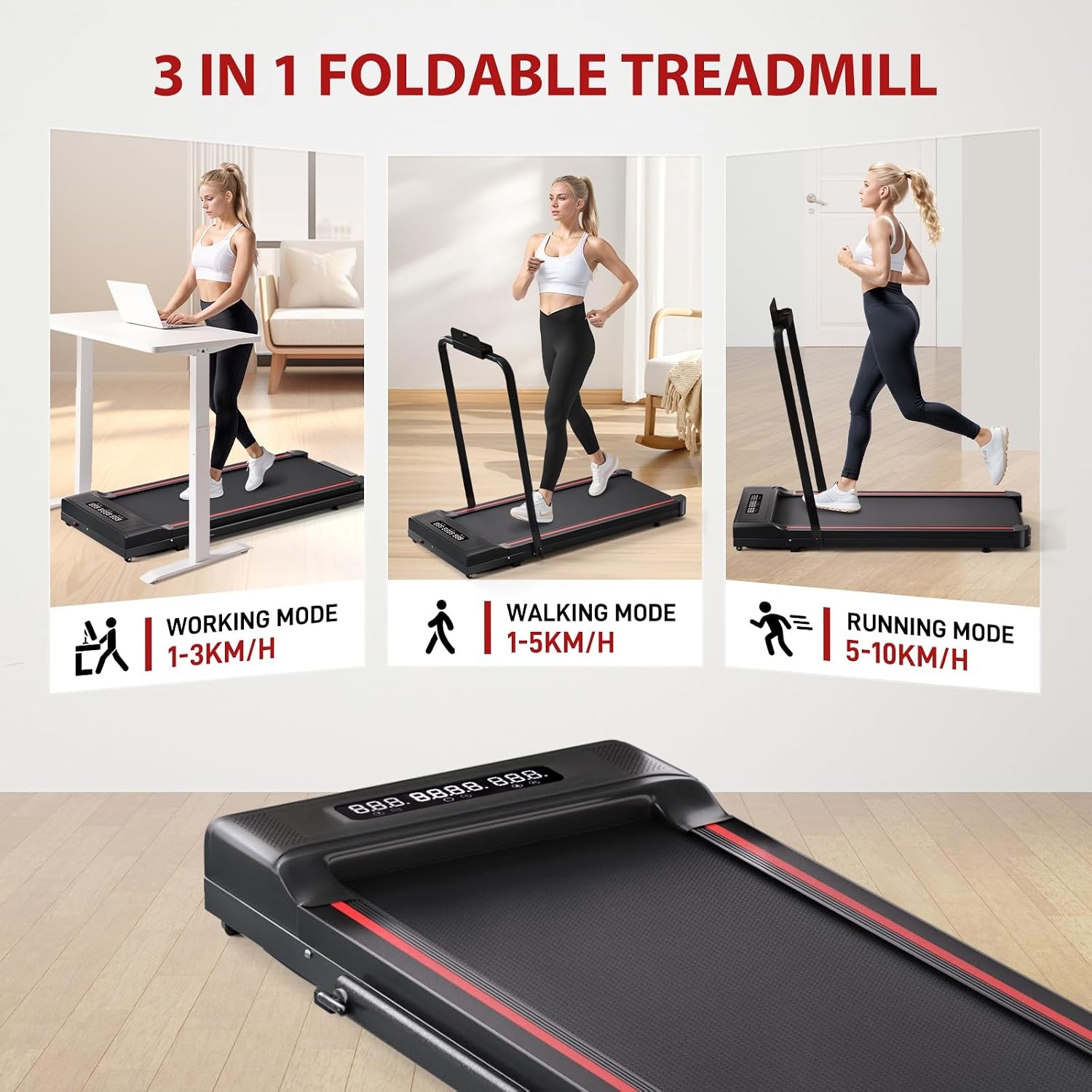 Sperax Folding Electric Treadmill, Space-Saving Treadmill with LED Display, Load Capacity 150 kg, 3 in 1 Compact Portable Walking Mat, Compact Treadmill for Home