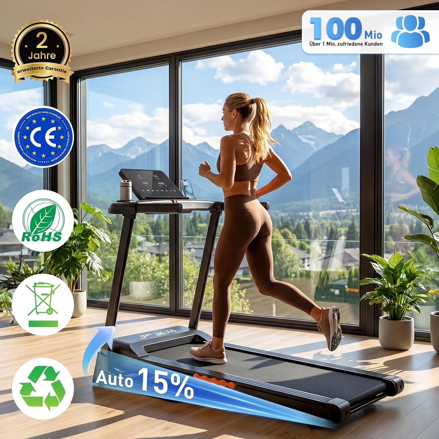Loopband voor thuis, inklapbaar, 15% automatische helling, 1-14 km/u loopband met helling, 3 pk wandelpad met led-display, 12 trainingsprogramma's, 136 kg gebruikersgewicht